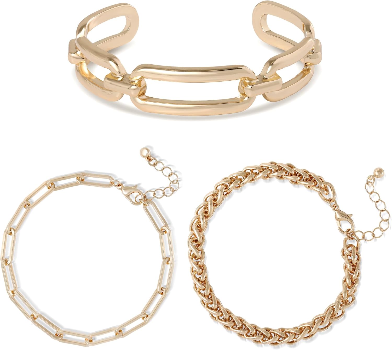 BCBG Bracelet Stack for Women Gold-Tone 3 Pieces, 7.5"+1.5" Chain Bracelets and 6.5" Cuff - Image 5
