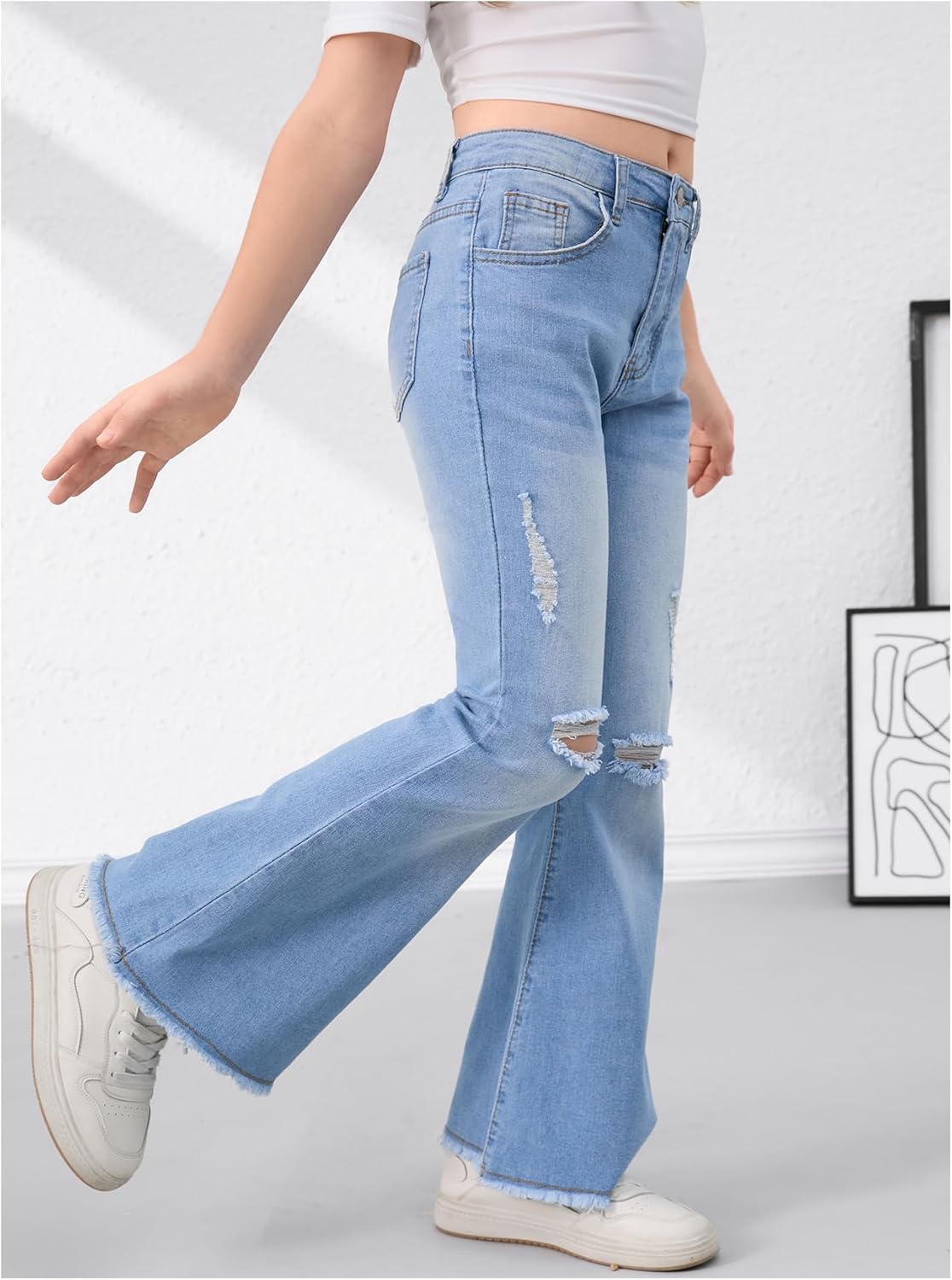 SHENHE Girl's High Waisted Flare Leg Jeans Split Raw Hem Denim Pants with Pockets - Image 5