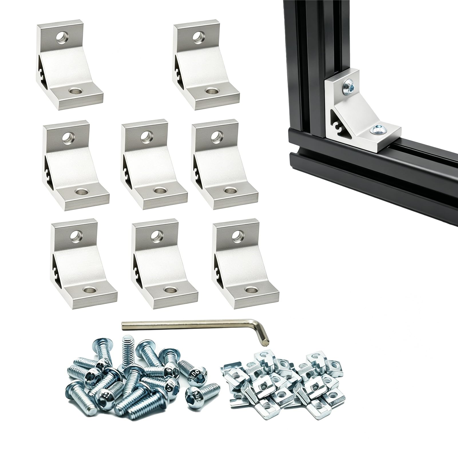 Iverntech 8pcs Sliver 50x50x36mm Corner Bracket for 4040 Aluminum Extrusion Profile 2 Hole Inside Brackets Connector with 16Pcs M8 Screws + 16 Pcs T Nuts+1Pcs Wrench — image 1