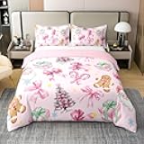Castle Fairy Merry Christmas 100% Nature Cotton Duvet Cover King,Pink Bow Xmas Gift Tree Bedding Set for Adults Room Decor,Santa Claus Quilt Cover,Pink Bedclothes 3 Piece (No Comforter)