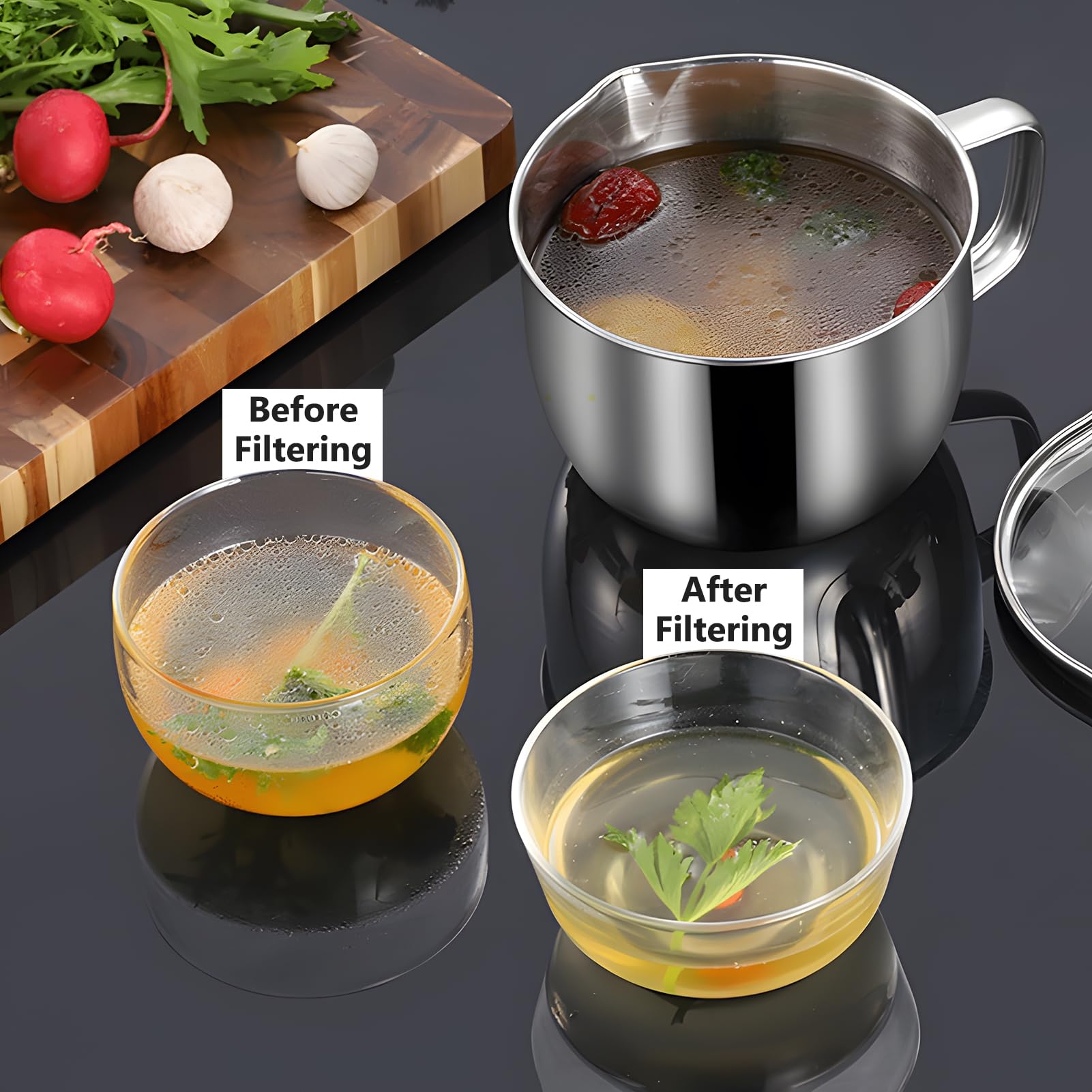 Séparateur de Graisse D'huile, 1000ML Filtre Huile Alimentaire en Acier Inoxydable 304, Pot à Huile de Soupe de Filtre à Huile Domestique pour Bol de Séparation D'huile de Sauce