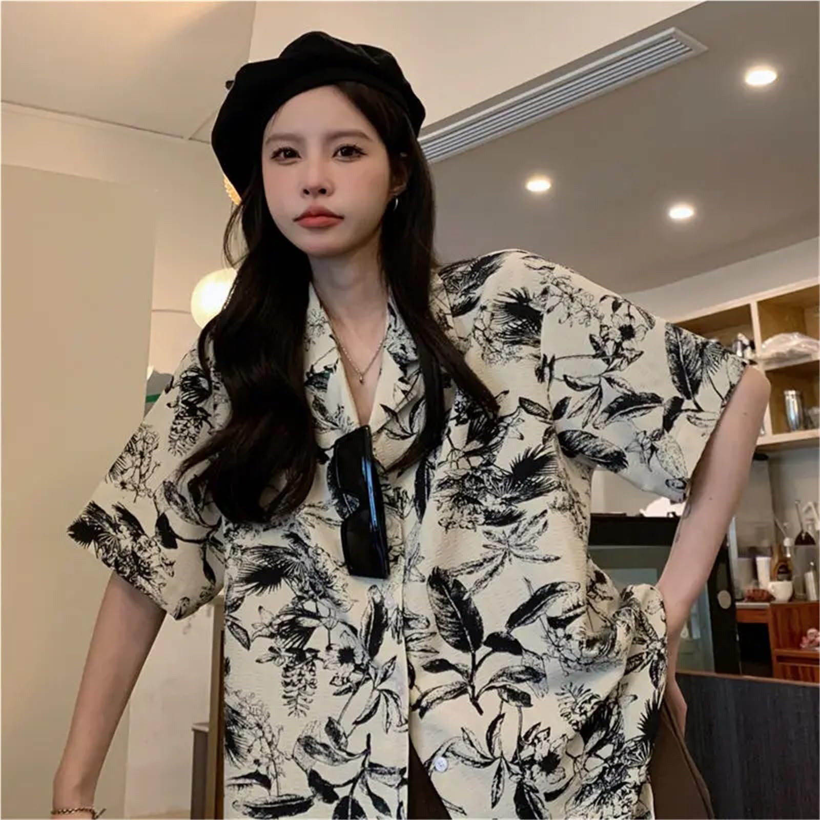 Camisa de Manga Corta con Estampado Floral Retro de Verano for Mujer, Camisa Playera, Top Holgado y versátil