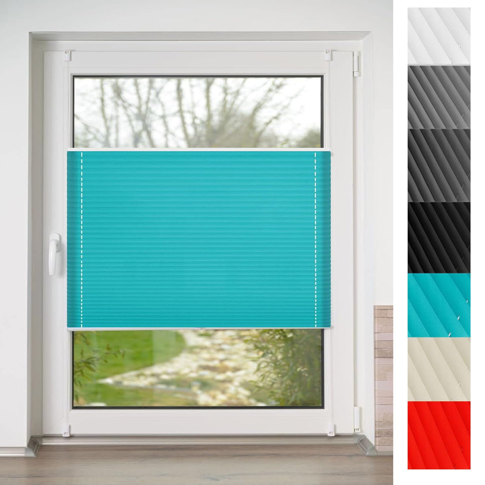 Blinds Custom Pleated Blind 65 x 170 cm Instant Stick on Light Filtering Pleated nonwovens Blinds Includes All Assembly Parts for Bedroom Kitchen Bathroom Windows, Blue — image 1