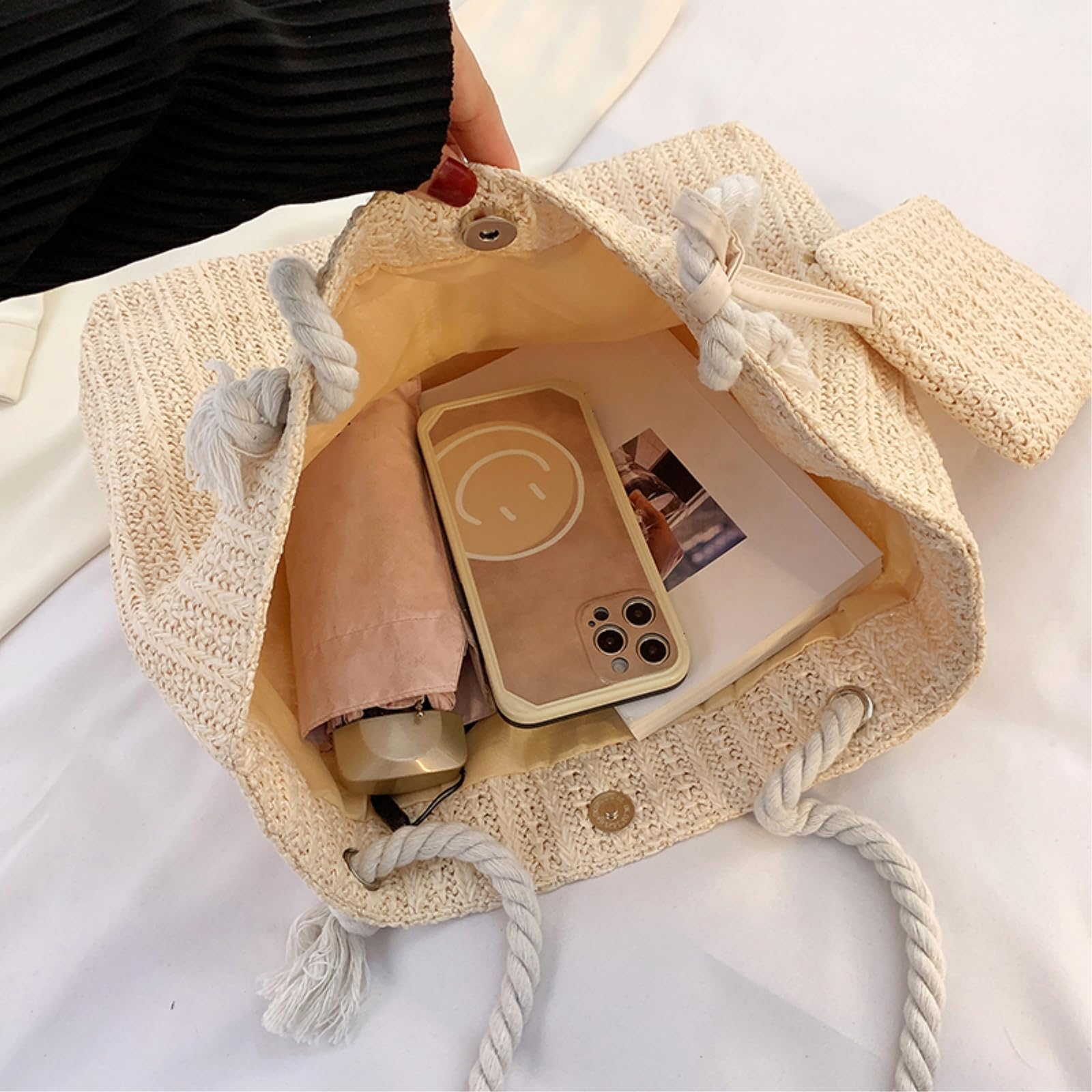 Borsa Spalla Paglia Tessuta con A di Spiaggia Grande capacità Maniglie Corda Spessa della Abbinamento per Lo Shopping Viaggio-setbeige