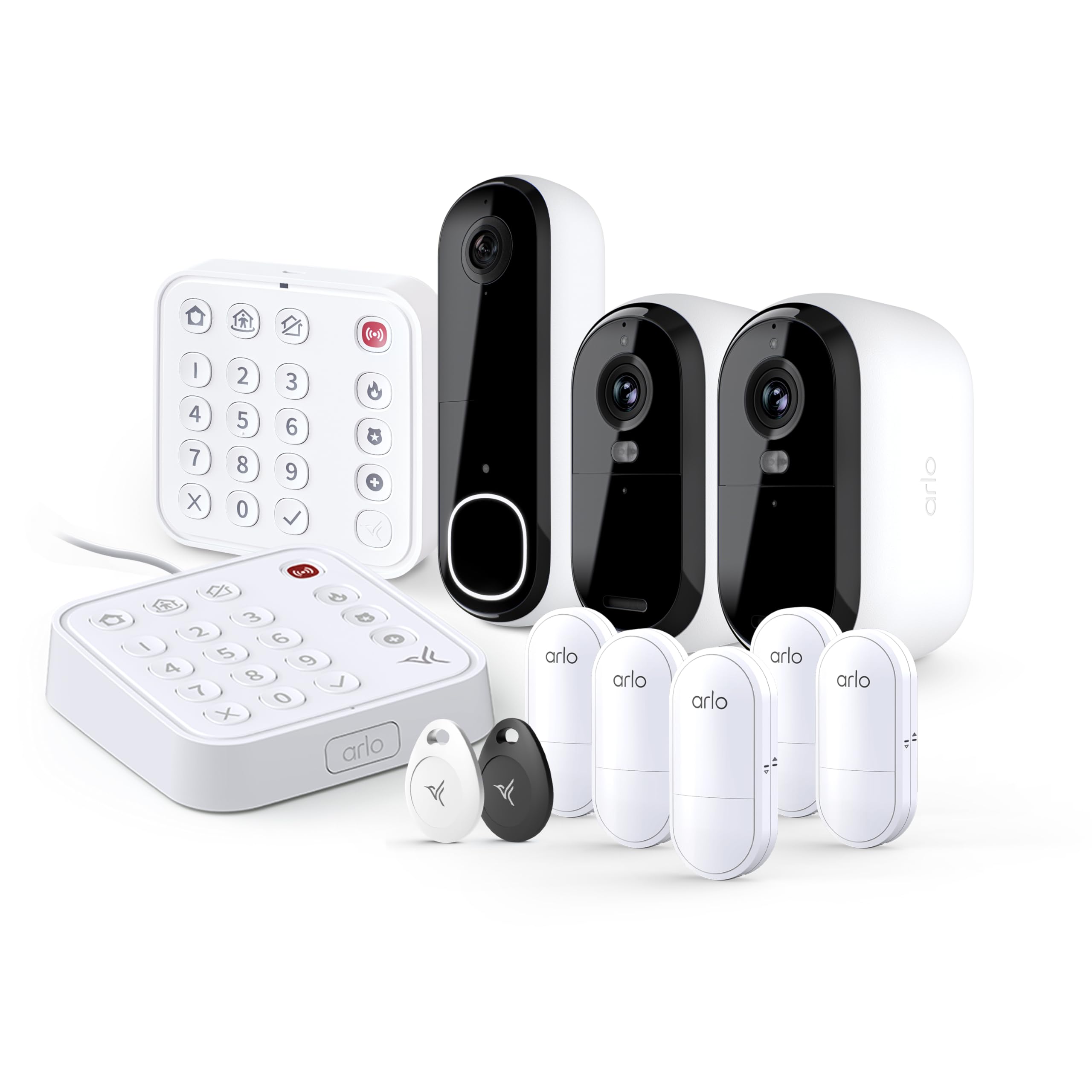 Arlo Home Security System-(5) 8-in-1 Sensors + Video Doorbell 2K + Outdoor Camera 2K (2 Cameras) + Security Tag + Wired Keypad Sensor Hub + Wireless Keypad Bundl - for Apt, Small Business/Home, Alarm