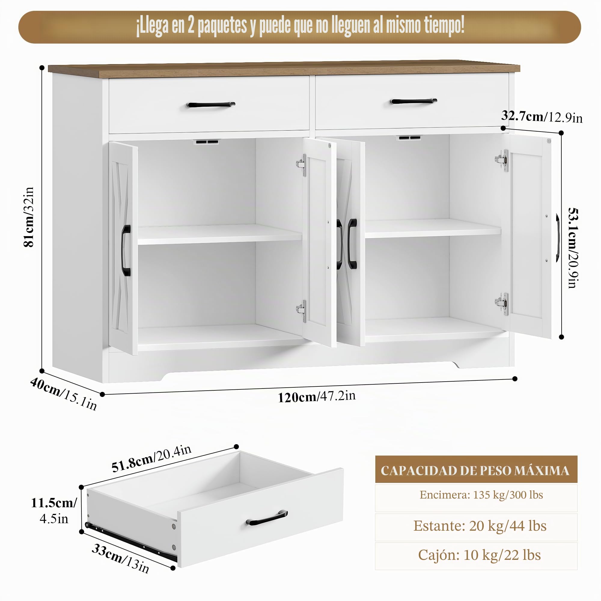 HOCSOK Aparador de 120 cm de Ancho, Armario de Cocina con encimeras, Armario de Cocina Buffet con 2 cajones y 4 Puertas, salón, Cocina, Pasillo (Blanco y Marrón)