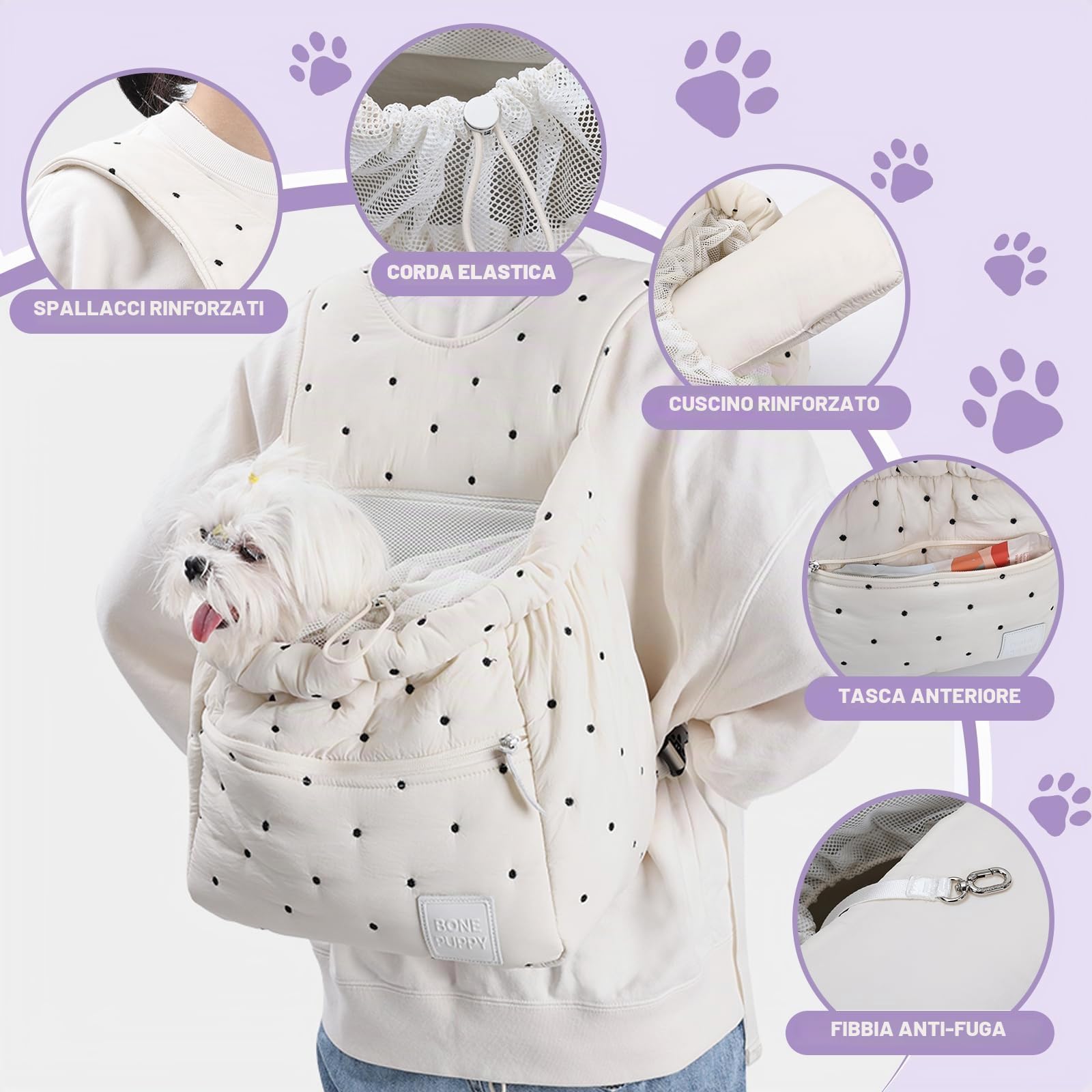 Zaino da viaggio per cuccioli, regolabile con coulisse traspirante, design a testa fuori per escursioni fino a 6 kg di animali domestici (nero)