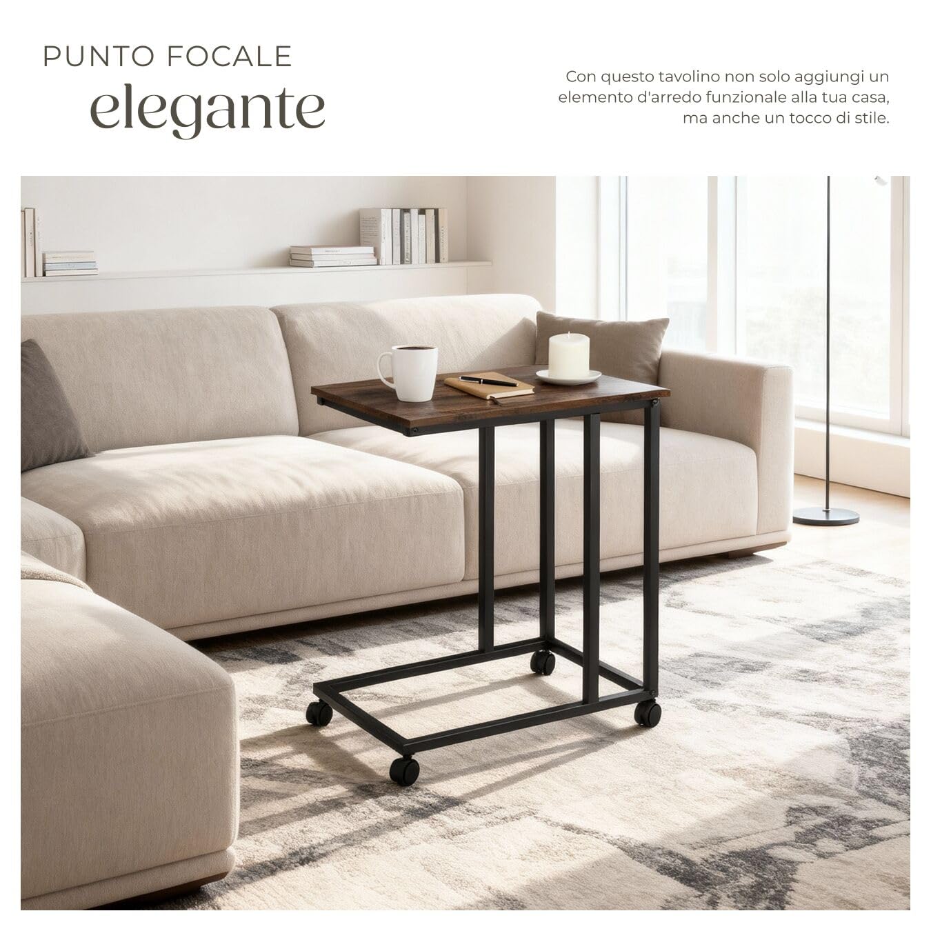 tectake® Tavolino Salotto 48x35x70cm, Tavolino da Divano o Letto, 4 Rotelle, Tavolinetto Divano, Salotto, Camera per Libri, Laptop, Piante, Snack e Bevande, Casa, Ufficio - Legno Industriale Scuro