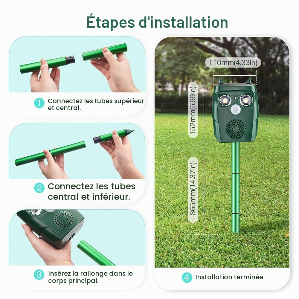 Répulsif Chat Exterieur, Répulsif Chat Ultrason Solaire, Ultrason Anti Chats, Charge de Solaire USB, Répulsif Animaux pour Jardin Chats, Oiseaux, Renard, Souris et Rat, Pigeon, Lapin