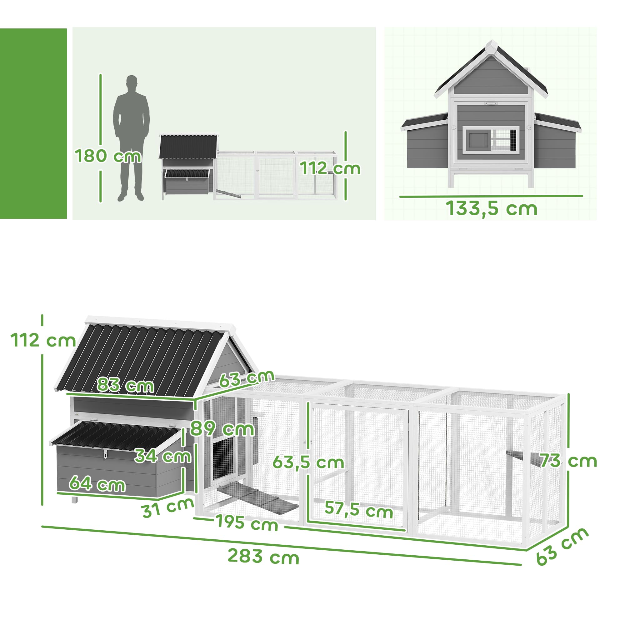 PawHut Kurnik dla 7-10 kur, 283 x 133,5 x 112 cm, szary | wybieg dla kur, 2 budki lęgowe, wybieg, drążek do siedzenia, huśtawka, mrozoodporny, drewno, woliera, domek dla ptaków
