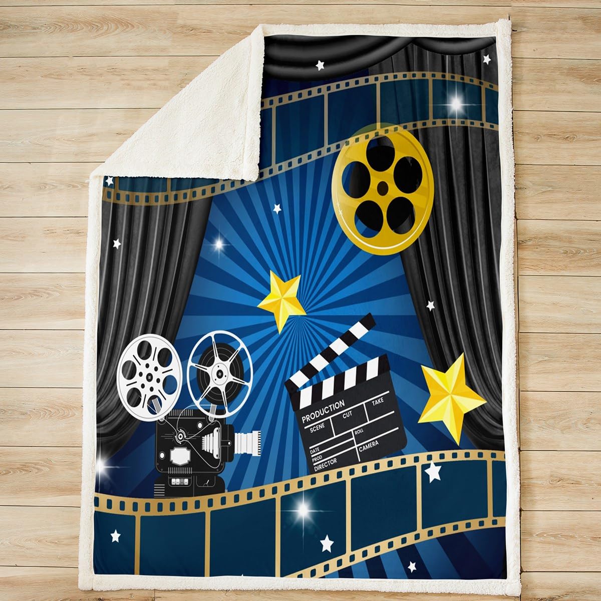 Homemissing Movie Night Fleece Throw Blanket Kids Movie Theater Decor Plush Blanket for Boys Cinema Sherpa Blanket Breathable Popcorn Blue Black Fuzzy Blanket Room Decor Double 60x79 Inch - Image 2