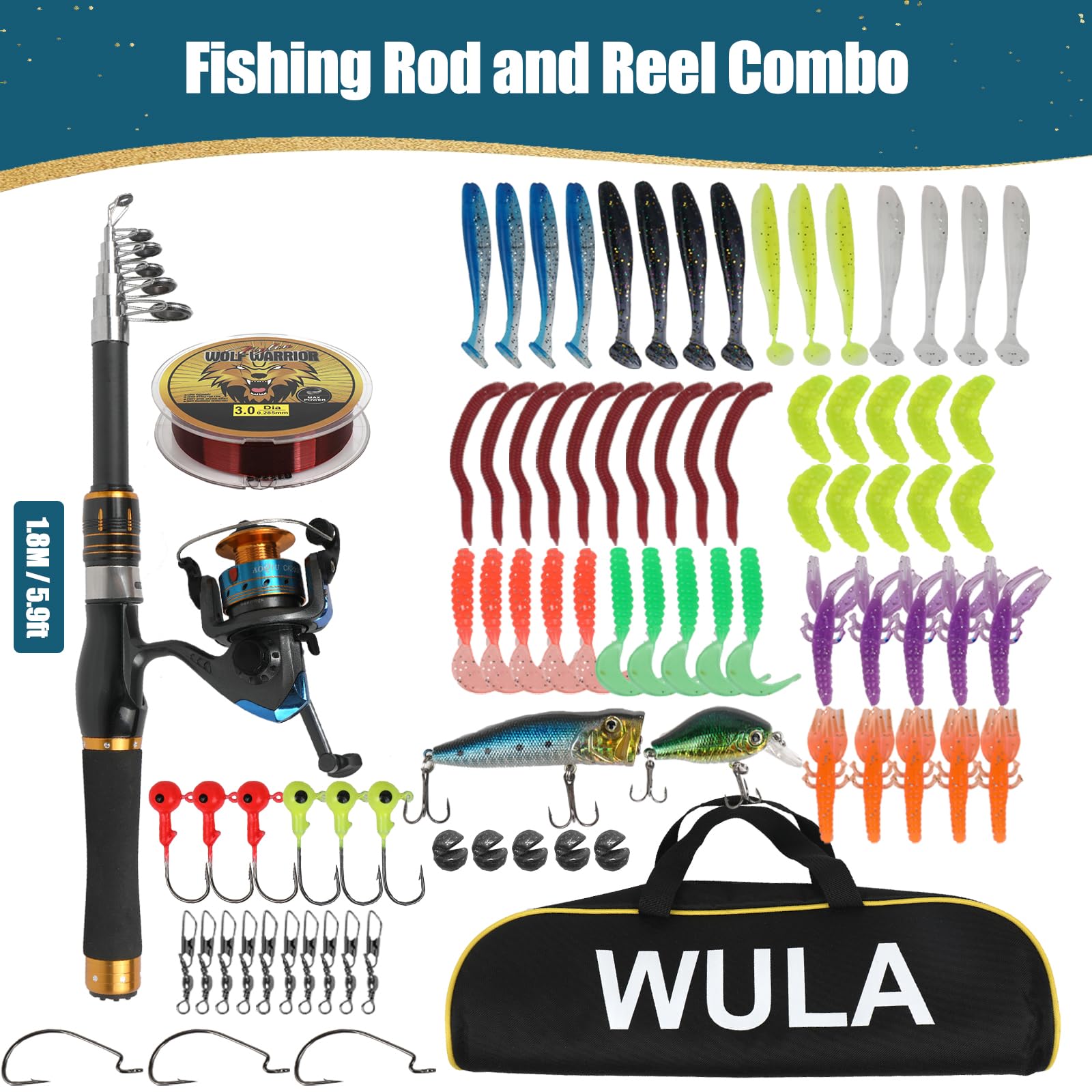 Teleskop Angelruten Set 1.8m Komplettausrüstung - Spinnrute Mit Rolle & Zubehör Für Süß- Und Salzwasser