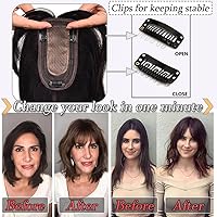 Vista 4 de Toppers para el cabello para mujeres con cabello delgado, base de seda real con flequillo, toppers para mujer, con clip, para pérdida de cabello