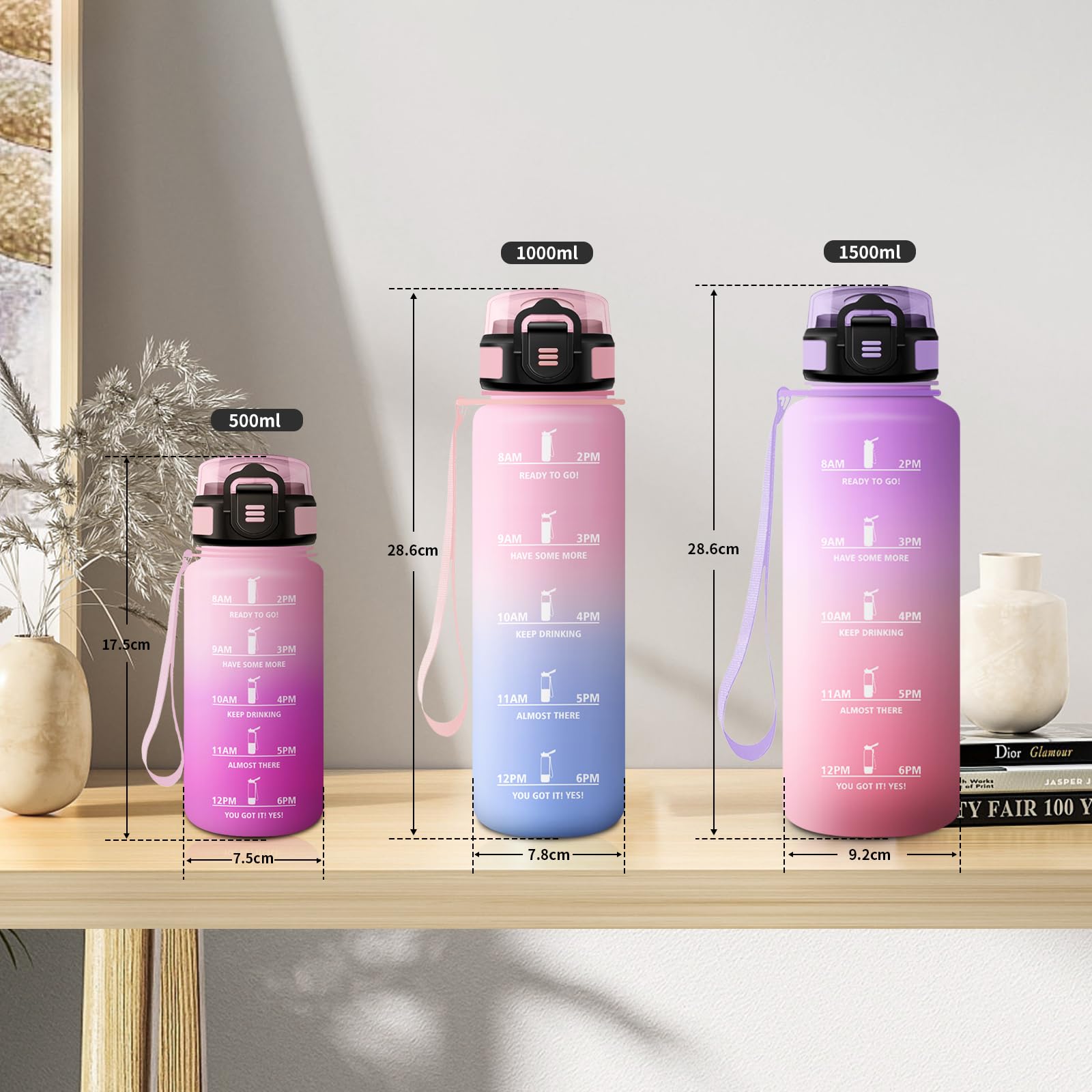 Borraccia Bambini 500ml, Borraccia con Cannuccia, a Prova di Perdite, Facile Pulizia, Bottiglia Acqua Motivazionale con Indicatore del Tempo, Bottiglia per Ufficio, Escursionismo, Bambini, Yoga