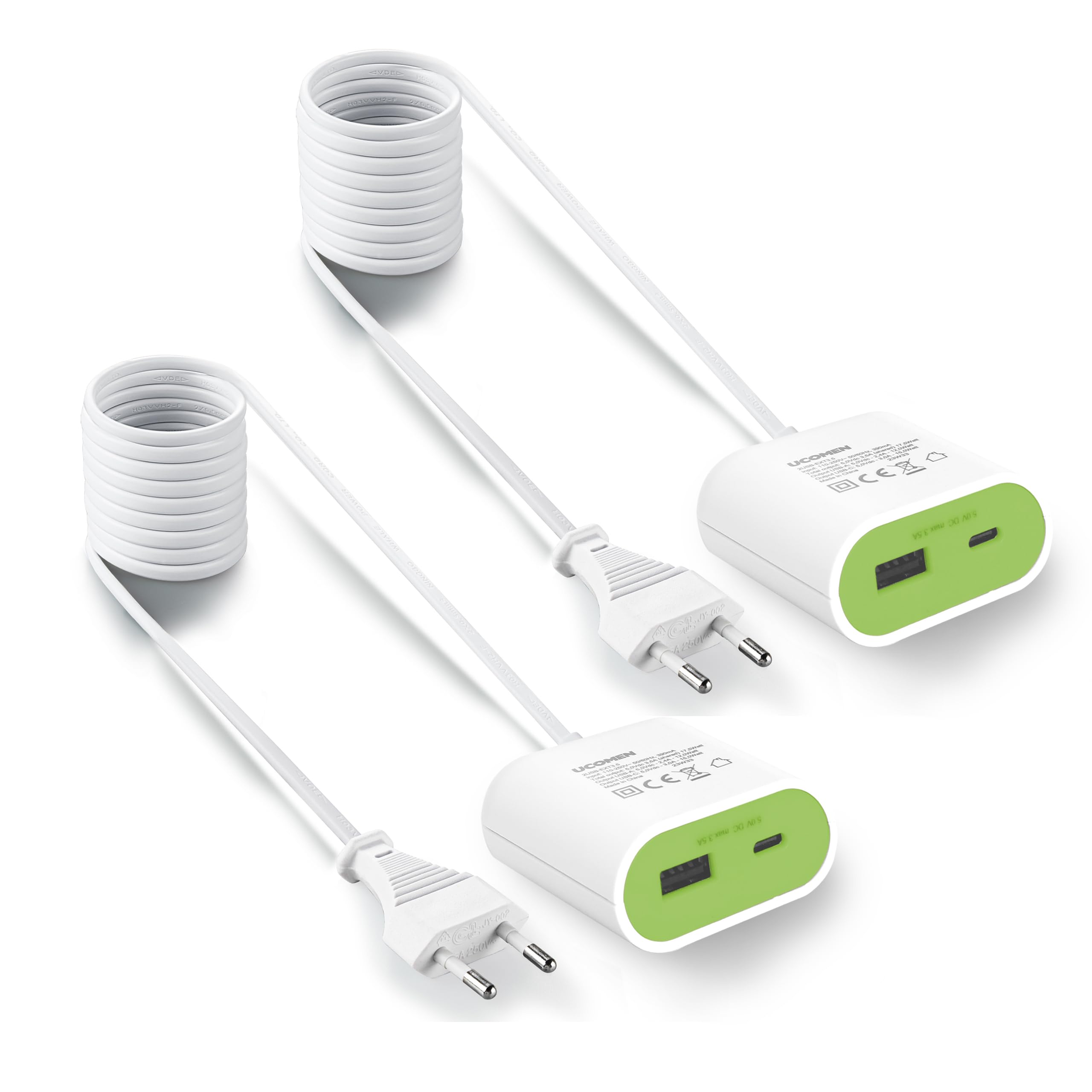 UCOMEN USB C Ladegerät mit 1,5m Verlängerungskabel, 17.5W USB Stecker Netzteil ideal für Nachttisch, Schreibtisch, Küche oder Reisen, Grün 2 Pack