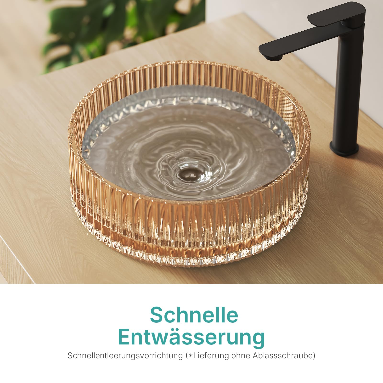 EMKE Lavabo da appoggio in vetro rotondo 40,0 × 40,0 × 12,0 cm – Design lavabo in vetro grande volume per bagno e WC degli ospiti, lavabo senza foro per rubinetto, oro rosa