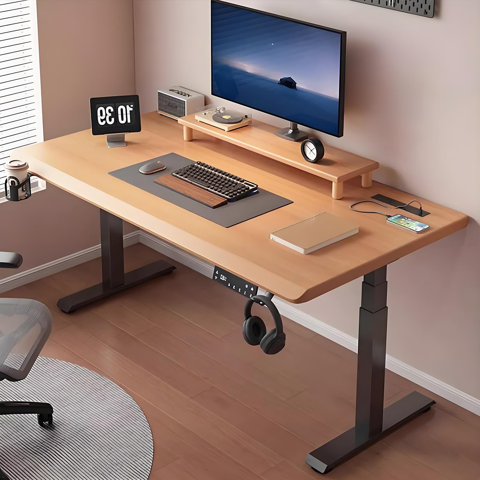 MYUYEE Adjustable Height Standing Desk, Computer Desk With 3 Memory Presets, Large Stand Up Desk With Headphone Hooks, For Home, Office, Monitor Riser (Natural-55.1In)