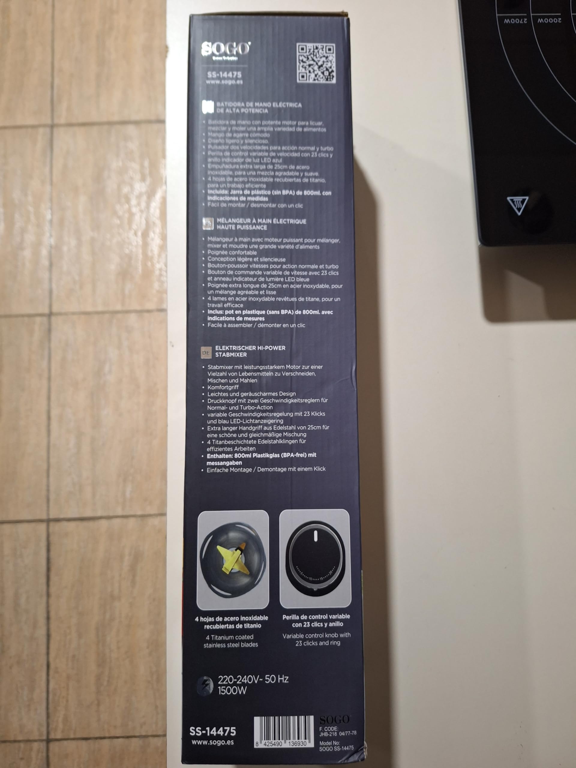 Frullatore a Immersione XL 1500 Watt in Acciaio Inox Nero, Gambo Extra Lungo, Bicchiere Graduato 800 ml, Mixer ad Alta Potenza per Zuppe, Vellutate, Salse e Frullati