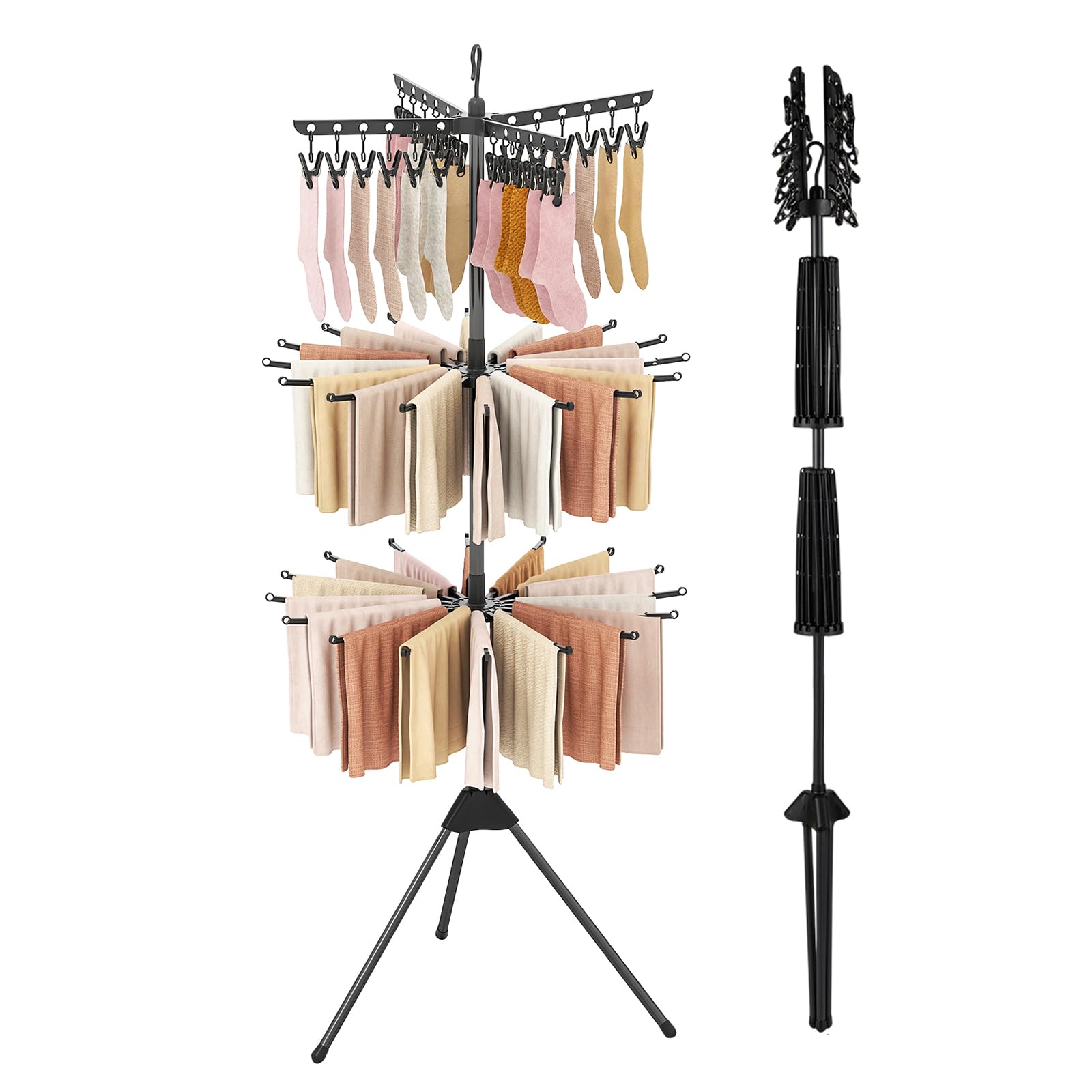 COSTWAY Etendoir Linge Pliable 3 Niveaux, Etendoir Chaussette à Suspendre avec 24 Pinces, 32 Barres avec Boucle de Fixation, Trépied, Sechoir a Linge Rotatif Pliant pour Interieur Extrerieur