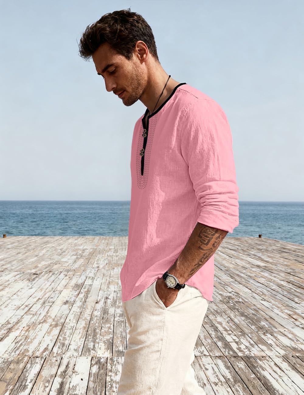 Mens Linen Shirts Henley T-Shirts Long Sleeve Tops Casual Beach T-Shirts Yoga Shirts for Men