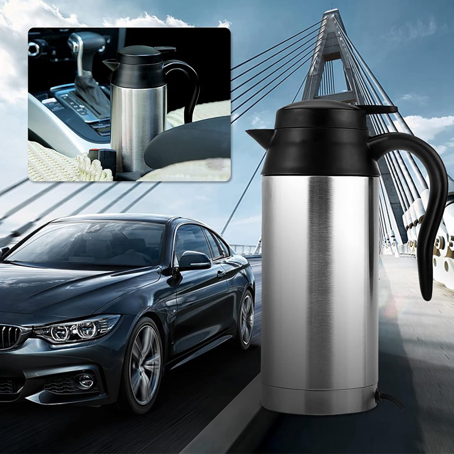 flexman 12V 750ml Car Electric Kettle Hot Water, 120W Portable Cigarette Lighter Plug Power Car Kettle Boiler with 95cm Power Cord for Most Car Cup Holders, Great for Travel Use