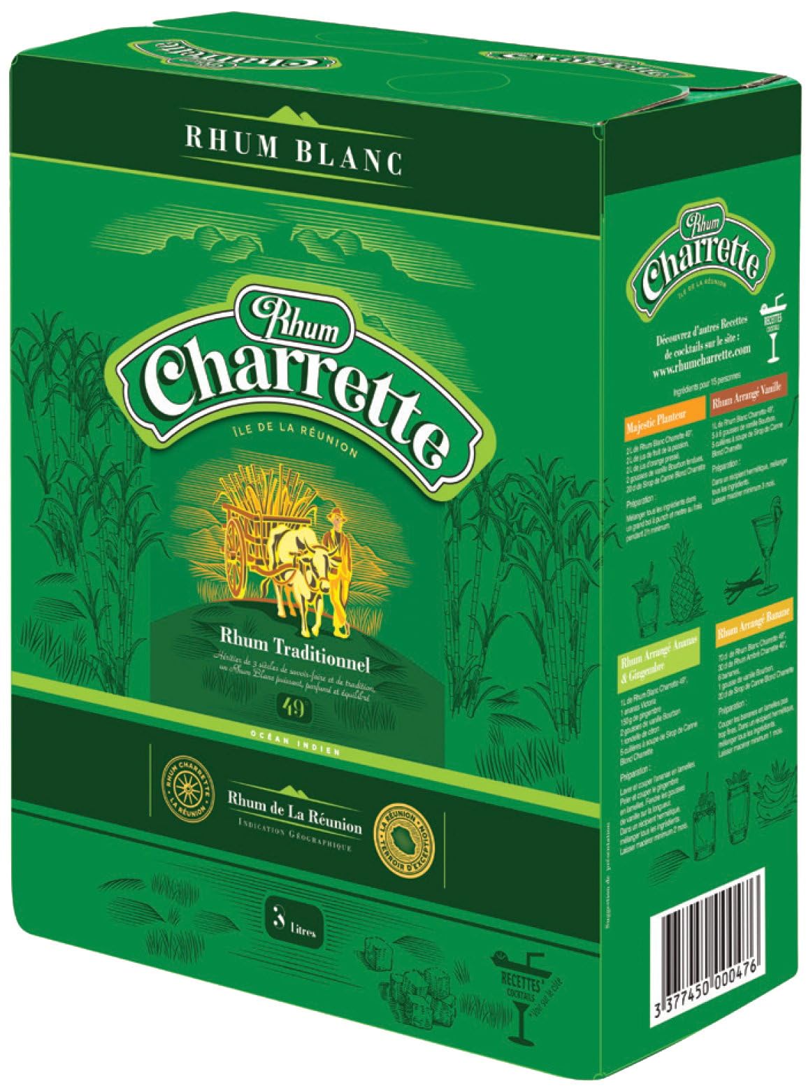 Rhum Charrette blanc 49° e Cubi BIB Bag-In-Box 3 litres !