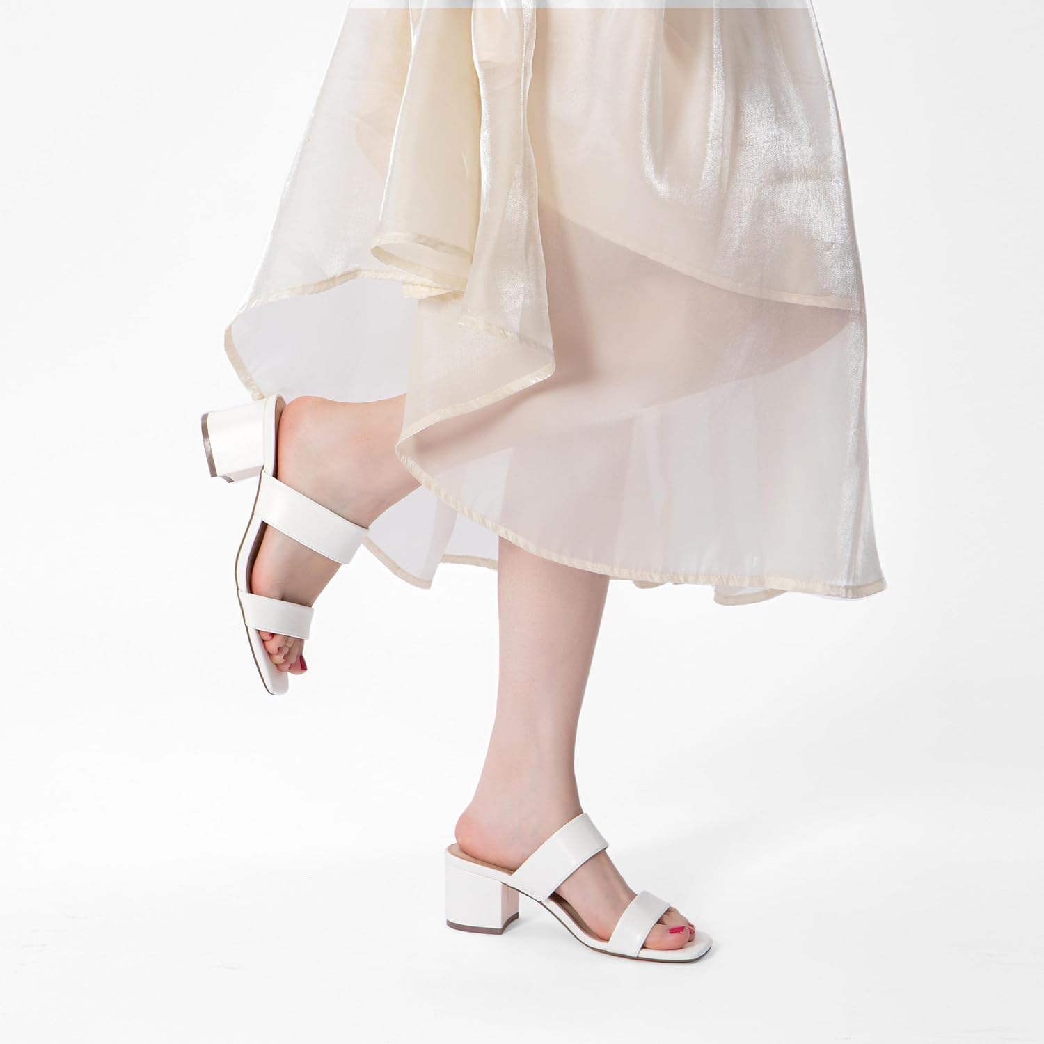 Women's Two Strap Heeled Sandals Square Open Toe 2 Inch Low Chunky Block Heels Slip On Dressy Slides Comfortable Summer Wedding Party Shoes Wide Width Friendly - Image 2