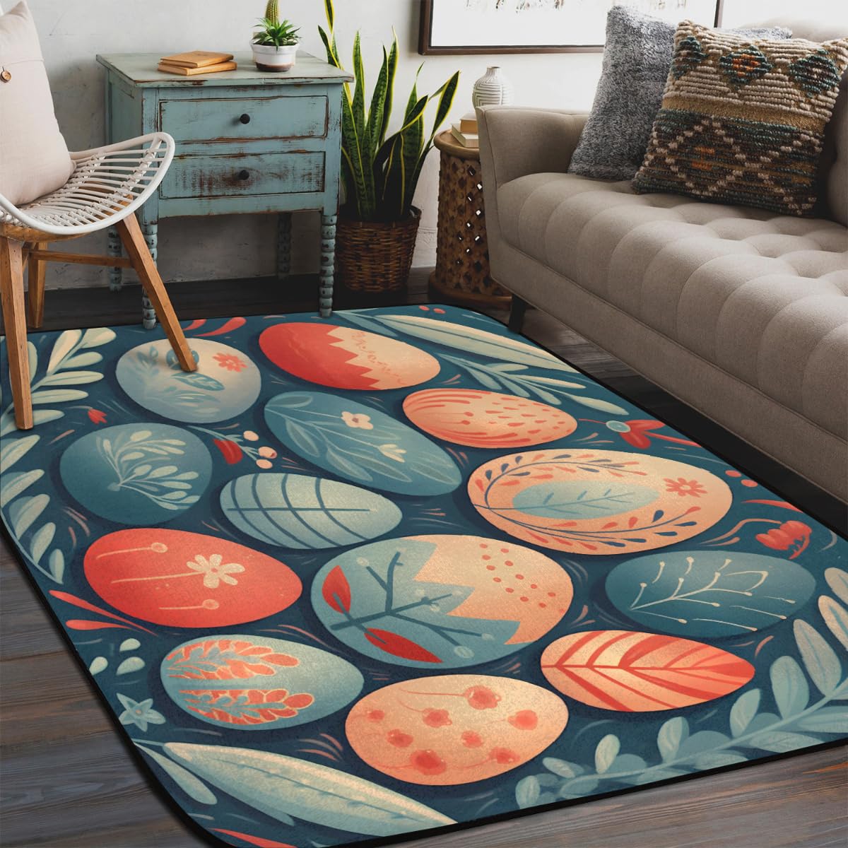 Alfombra grande con estampado de huevos de Pascua para sala de estar, 147,3 x 203 cm, alfombra para dormitorio, habitación de los niños, lavable, antideslizante, alfombra grande