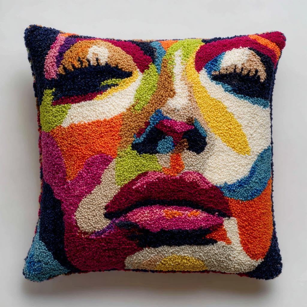 DIY Latch Hook Pillow Kit Abstract Graffiti African Woman Easy for Beginners with Pattern DIY Crochet Craft Kit Pillowcase Cushion for Home Decor 43x43cm-4