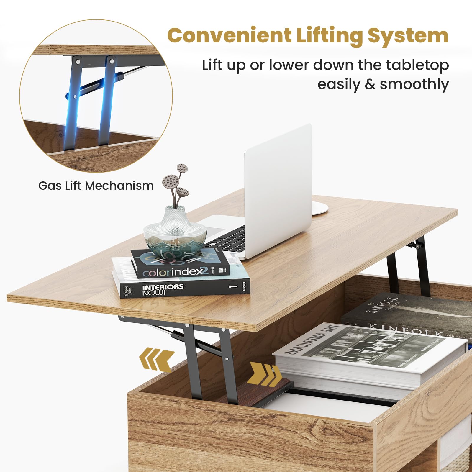LIFEZEAL Mesa de Centro con Tablero elevable y 3 Compartimentos, Espacio de Almacenamiento Oculto, Moderna Mesa de café de Madera con 4 Patas robustas, 100x50x59,5cm