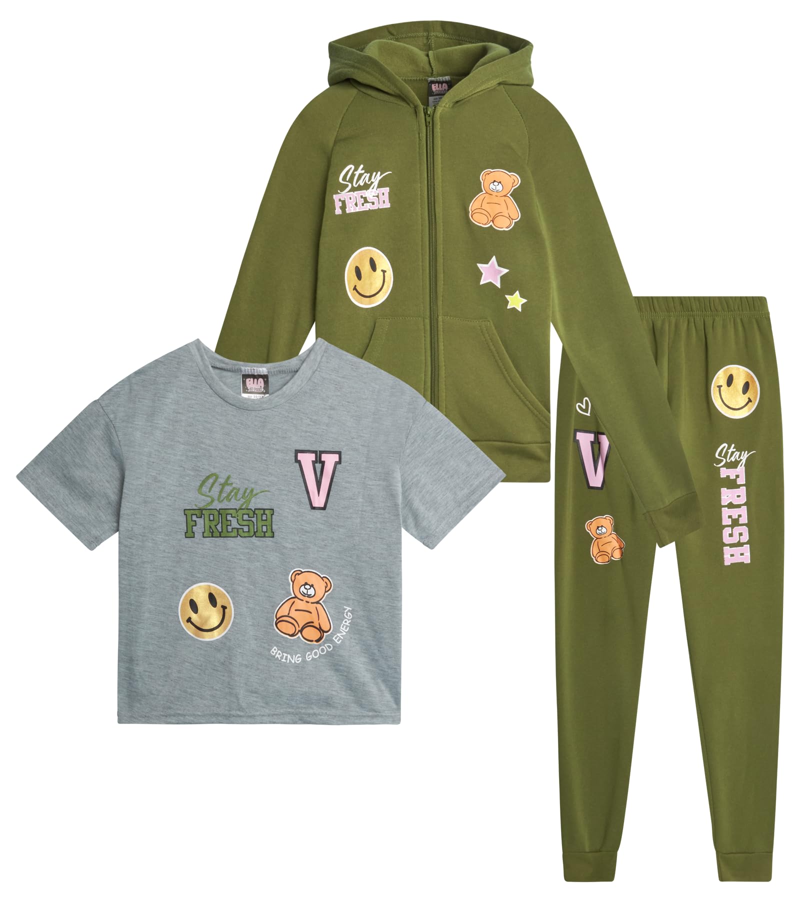Girls Sweatsuit Set - 3 Piece Soft Fleece Zip Up Hoodie Graphic Tees and Jogger Sweatpants for Girls