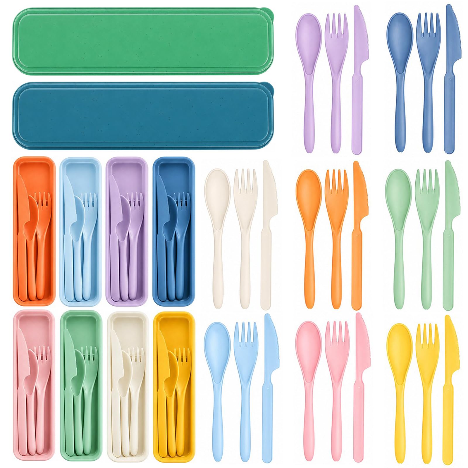 CAIYUANGUANGJIN 16 Set Reusable Plastic Cutlery Set with Case, Portable Travel Utensils Set with Forks Spoons Knives, Lightweight Camping Cutlery for Lunch Office School Picnic (8 Pastel Colours)