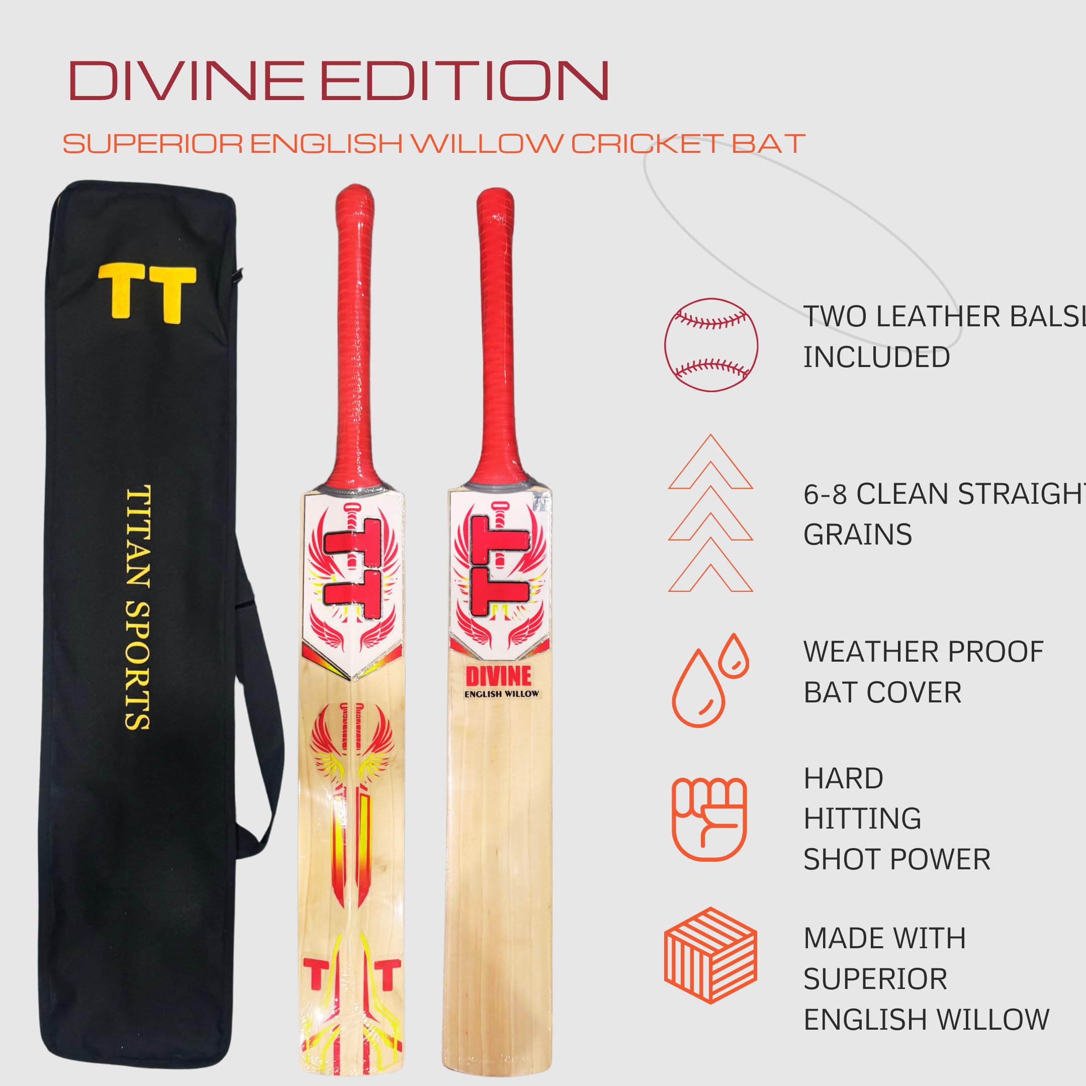 Titan English Willow Divine Cricket Bat – Full Size Short Handle – Lightweight & Handcrafted for Power and Control – Ideal for Club & League Play - Free Hard Leather Ball