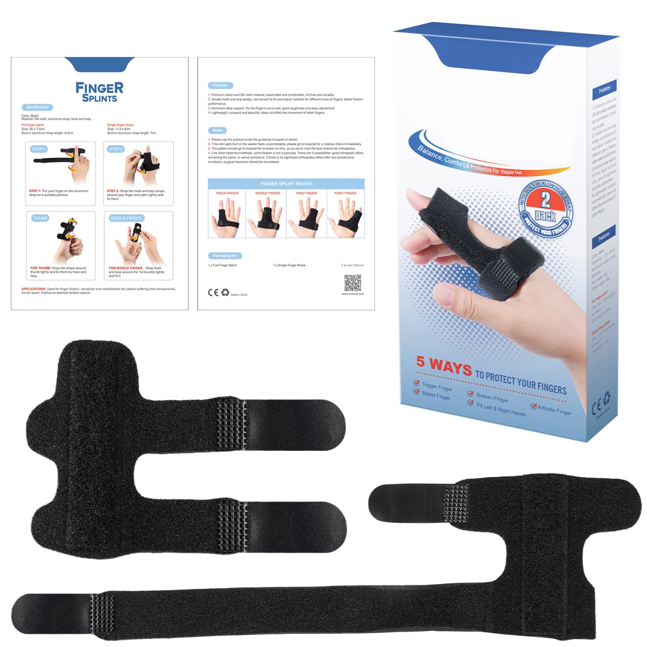 Trigger Finger Splint Knuckle Brace: 2 Pieces Adjustable Finger Padded Straightener for Right and Left Hand Index Middle Ring Pinky Support for Alleviating Finger Locking Popping Bending Stiffness