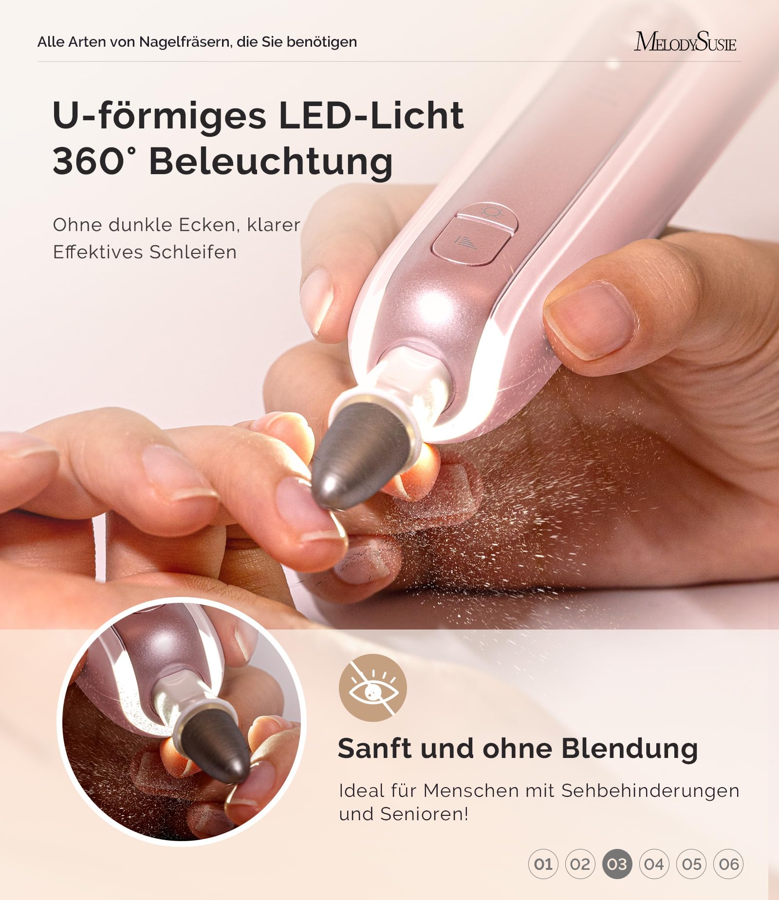 MelodySusie Professionelles Pediküre Set, PC760G 8 in 1 Elektrischer Nagelfräser mit 5 Geschwindigkeiten, Wiederaufladbare Kabellose E-Feile mit 360° LED Licht, Hand/Fußpflege Polish Tools (A-Rosa)