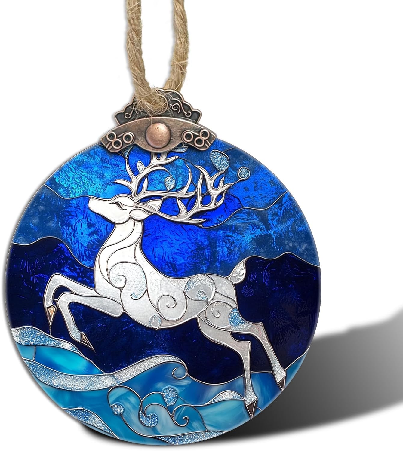 Stained Glass Christmas Decorations, White Elk Suncatcher for Window Christmas Tree Hanging Ornaments Sika Deer Blue Sun Catcher Xmas Decor Gifts for Women Men Mom Nana Friend