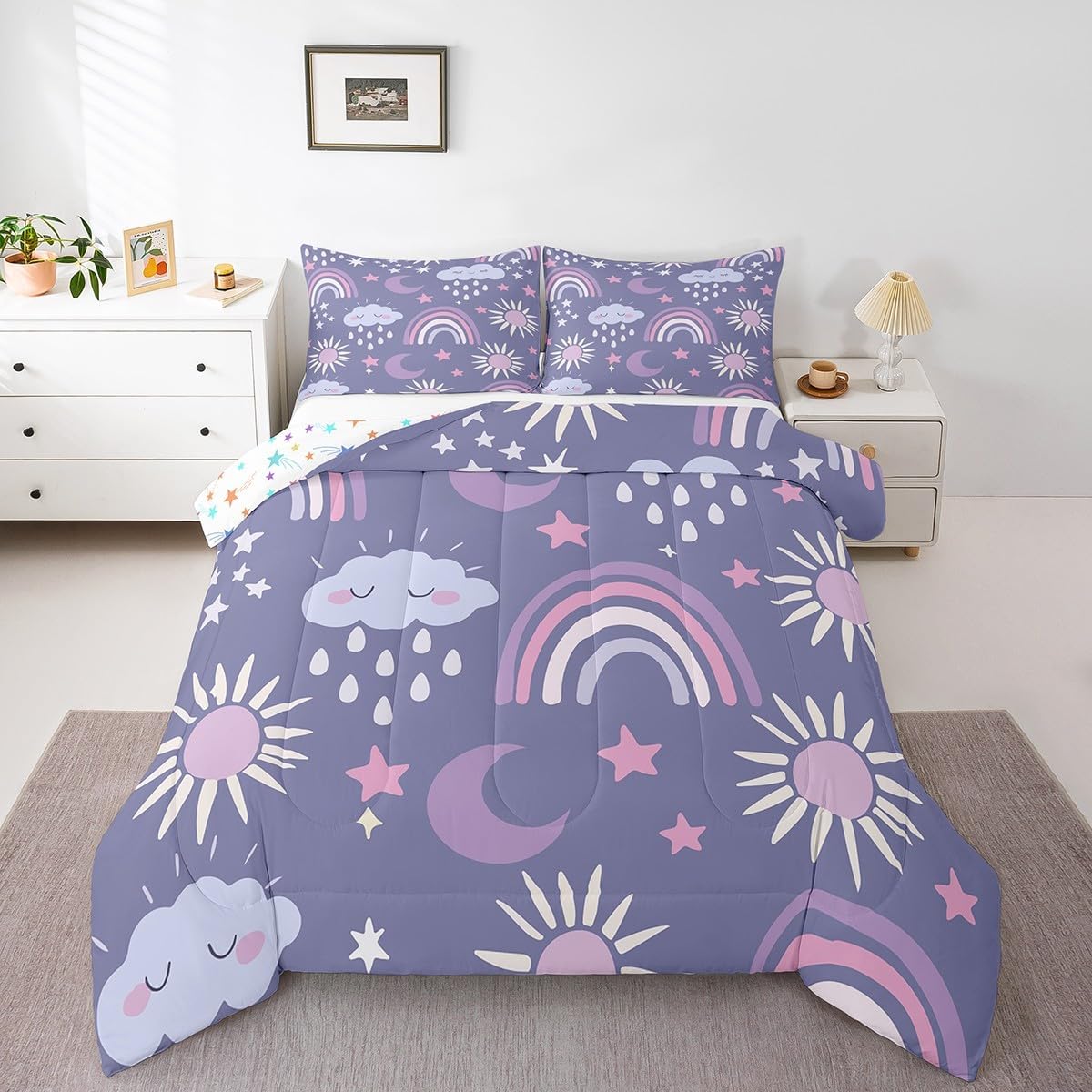 Floral Rainbow Comforter Queen Boho Love Heart Rainbow Bedding Set For Girls Teen Women,Boho Valentine'S Day Couple Bedding Comforter Set Bohemian Romantic Quilt Set Gifts For Girlfriend Wife 3 Pcs