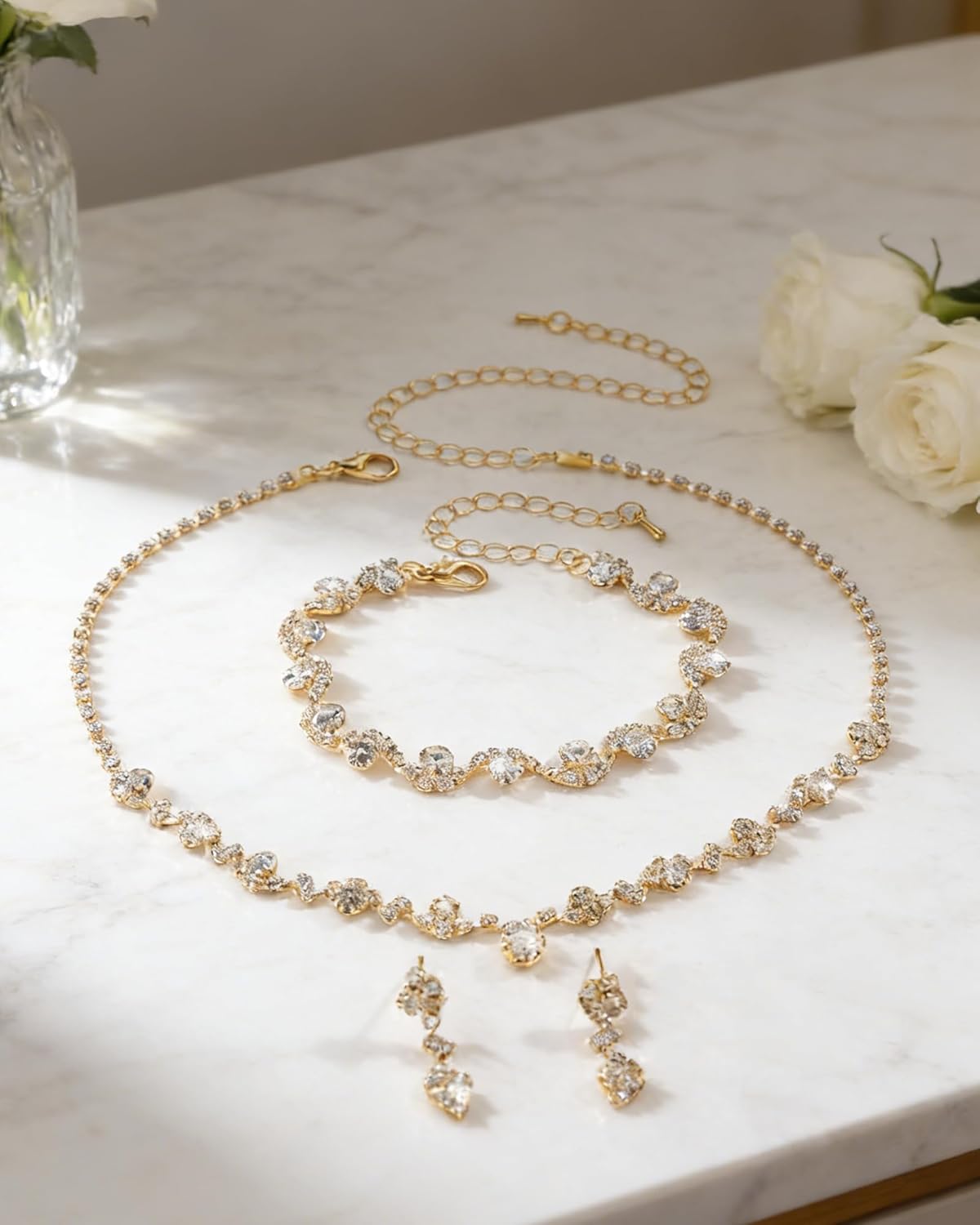 Gold Rhinestone Jewelry Set for Women Sparkling Rhinestone Y Shaped Necklace Adjustable Shining Crystal Bracelet Ring Glittering Rhine-stone Dangle Earrings Prom Wedding Bridal Jewelry Accessories - Image 5