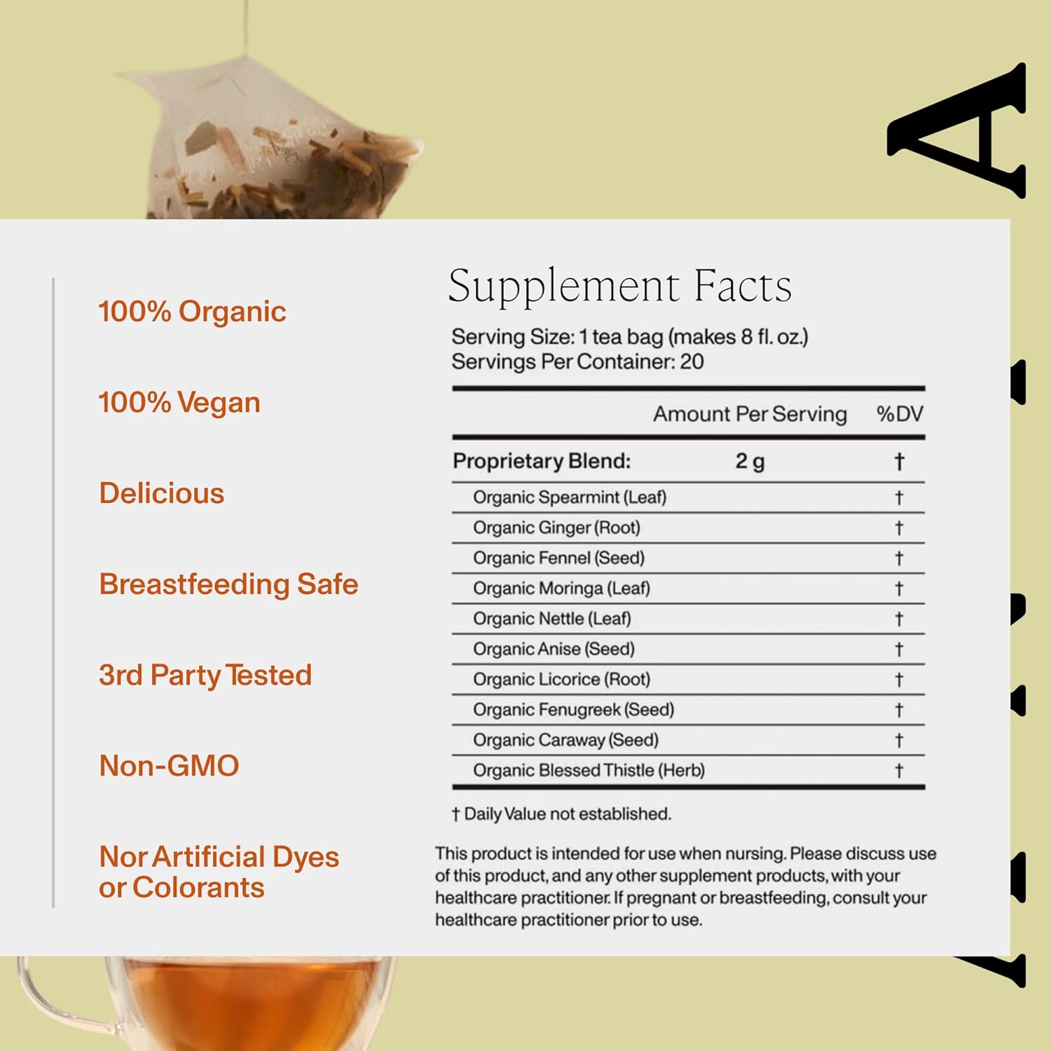 ANYA Herbal Lactation tea, 20 bags - Ginger, Moringa, Fenugreek, Toxicologist-approved, Breastfeeding Safe. Organic Essentials hydration for postpartum Moms, Breastmilk production Nursing support Baby Shower Gifts