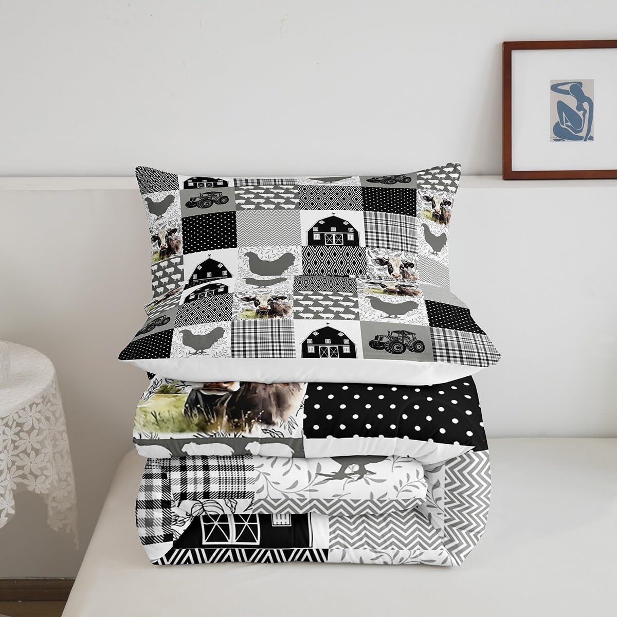 Farmhouse Barn Comforter Set Twin Size,Milk Cow Chicken Pig Animals Rustic Bedding Set for Kids Boys Men,Black Plaid Dots Modern Art Geometric Quilted Duvet Set with 1 Pillowcase