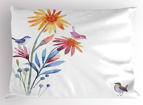 Ambesonne Funda de almohada de acuarela, flores primaverales con pájaros, esquema de color inusual, efecto de pincel, funda de almohada decorativa