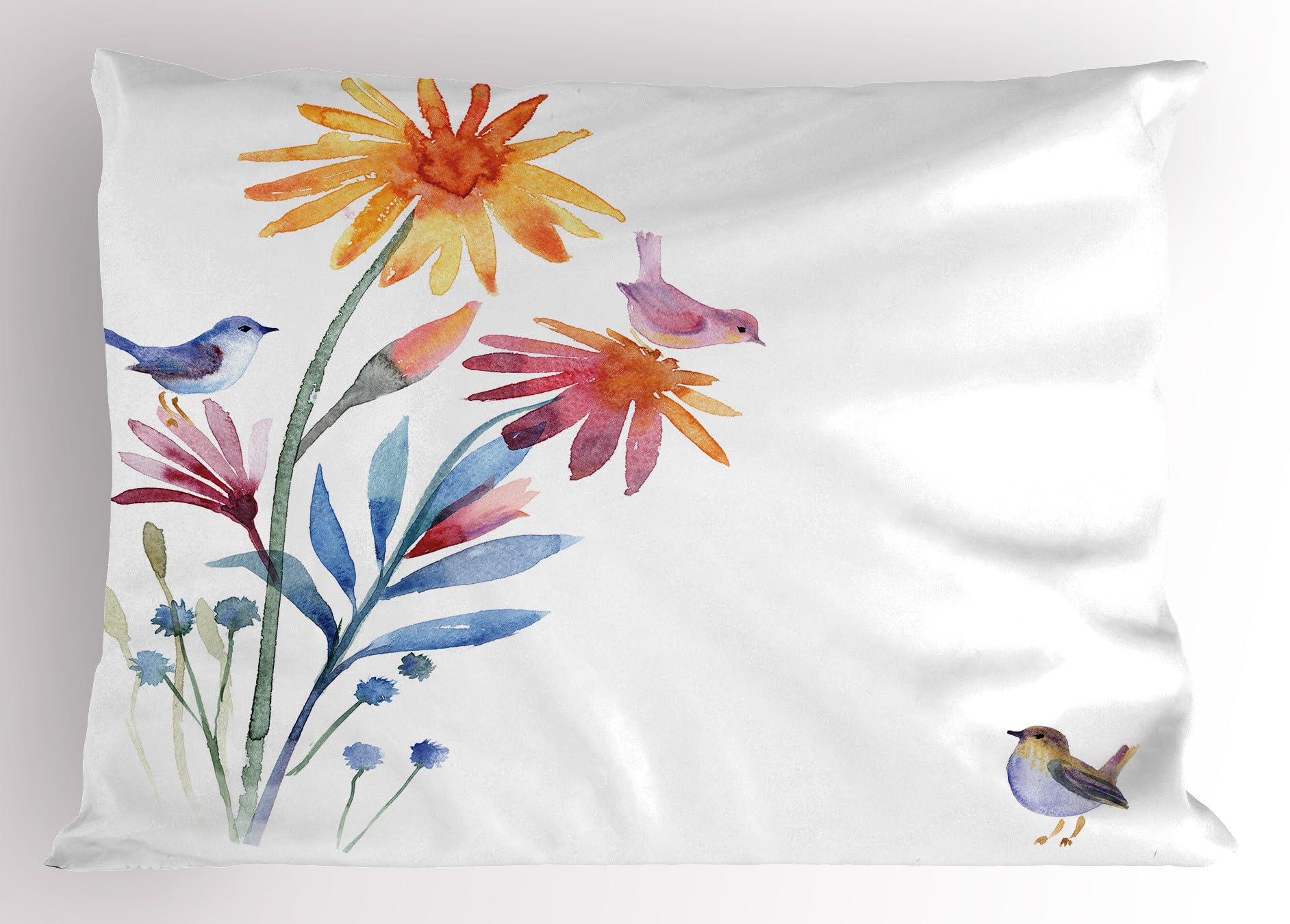 Ambesonne Watercolor Pillow Sham, Springtime Flowers with Birds Unusual Color Scheme Brush Effect, Decorative Standard Size Printed Pillowcase, 26" X