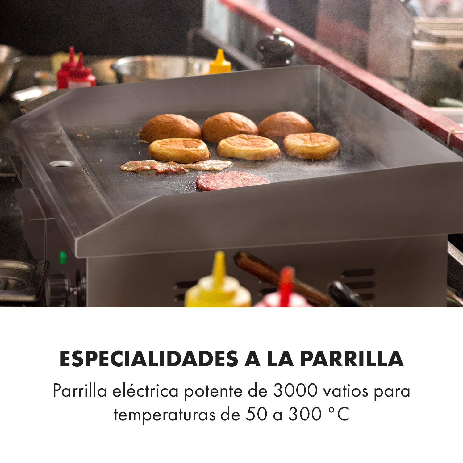 Klarstein Plancha Cocina Eléctrica Profesional l Barbacoa Acero Inoxidable 54,5 x 35 cm, Temperatura 50-300 °C, 3000W l con Bandeja Recoge Grasa, Antisalpicaduras