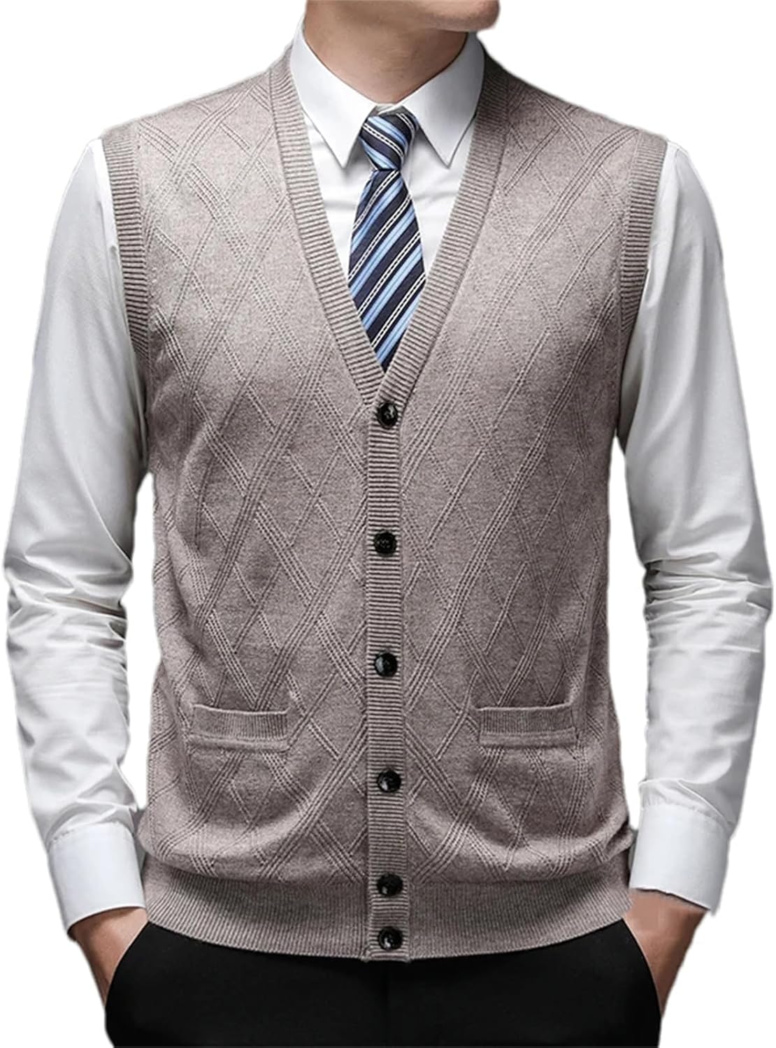 SaoBiiu Men Wool V-Neck Sleeveless Sweater Knit Button Down Autumn Winter Thick Cardigan Sweater Vest