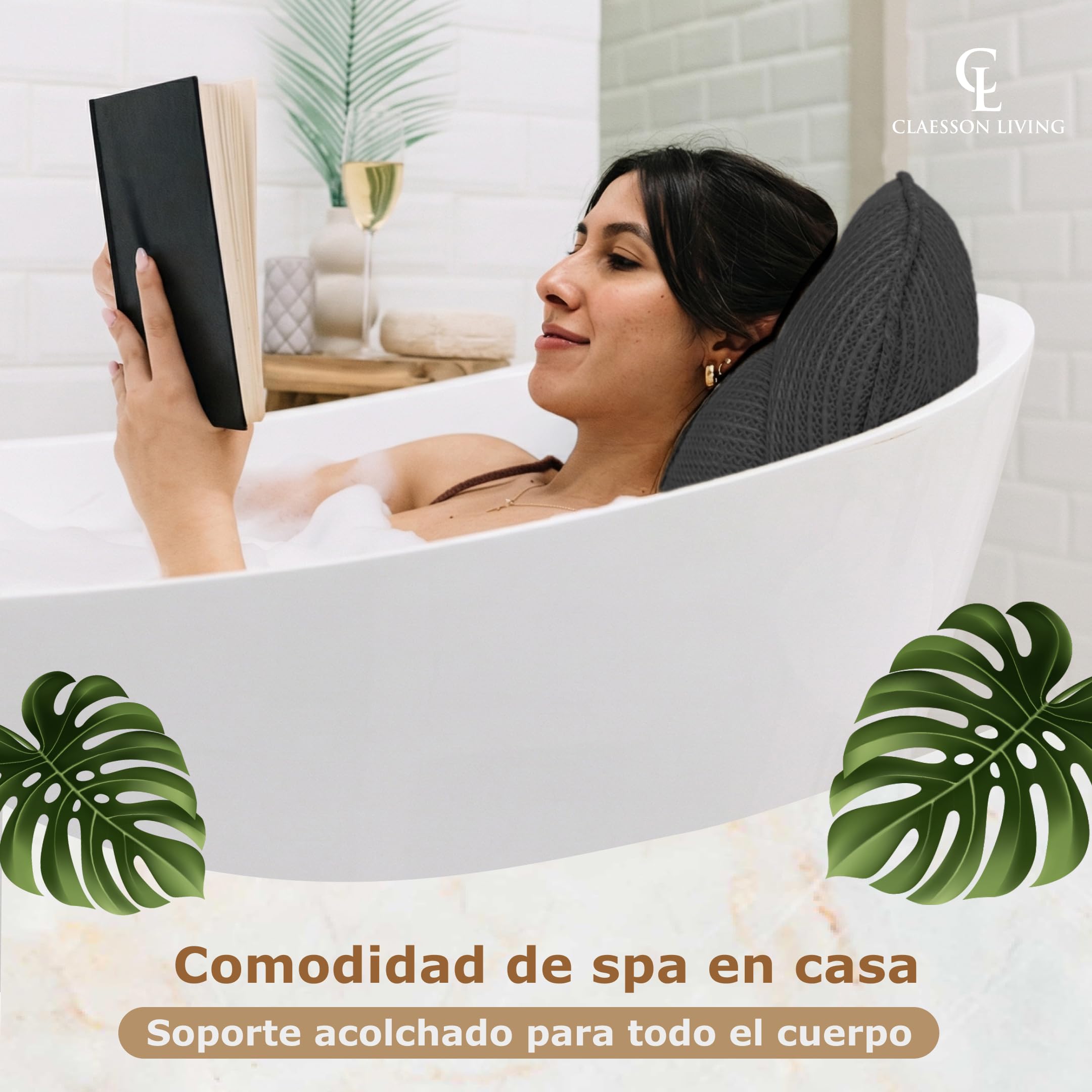Cojin bañera (152x56cm) - Almohada bañera con apoyacabezas (11cm) y Soportes para el Cuello, Espalda y piernas – Incluye: Bath Pillow, Bolsas de Lavado y de Viaje, Gancho para Secado rápido Negro
