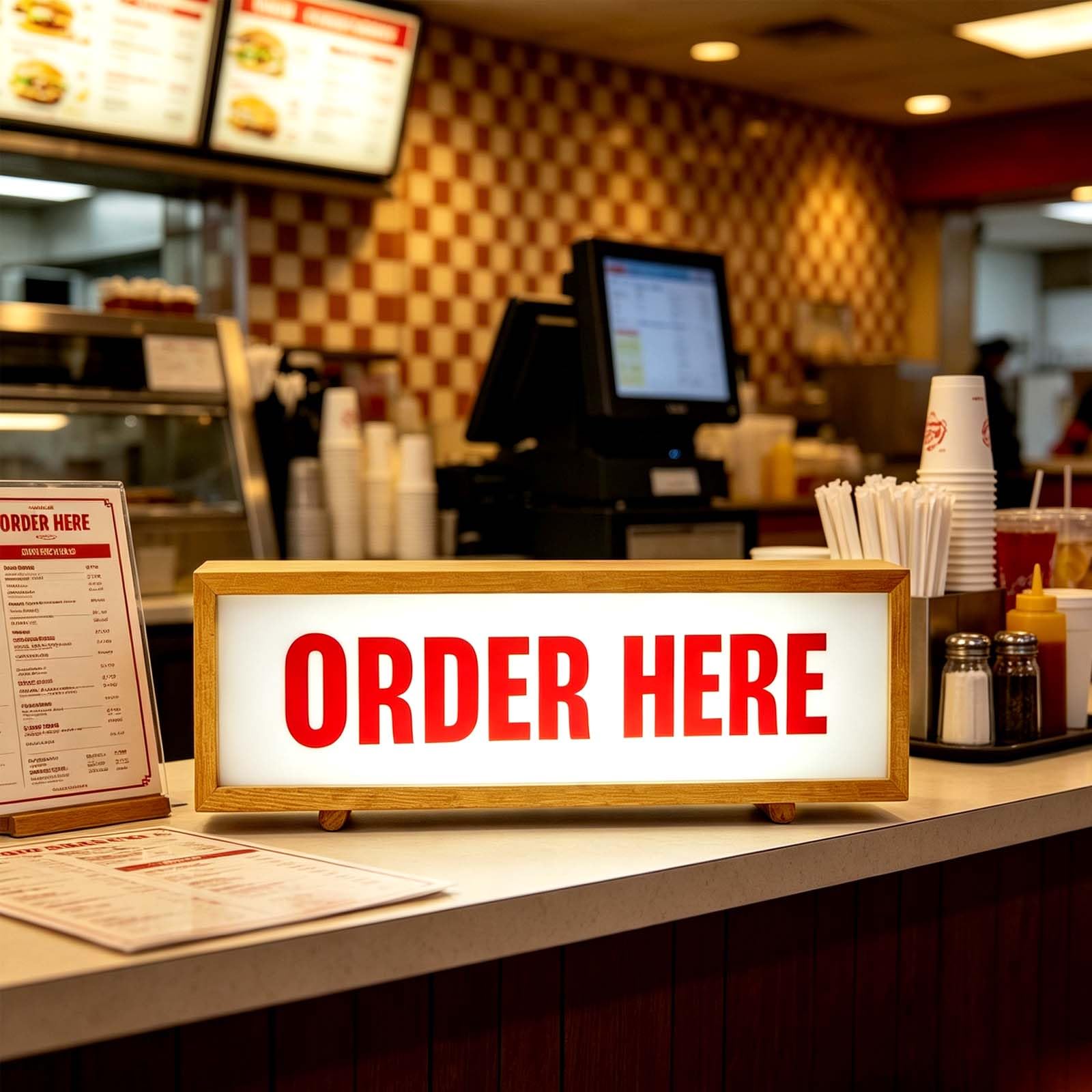 wpdash Order Here RGB LED Neon Lightbox Wall Mountable Pulsing Dimmable Business Neon Light USB Powered Wood Frame Order Sign for Bar Club Fast Food Shops Commercial Store Desk Indicator Sign