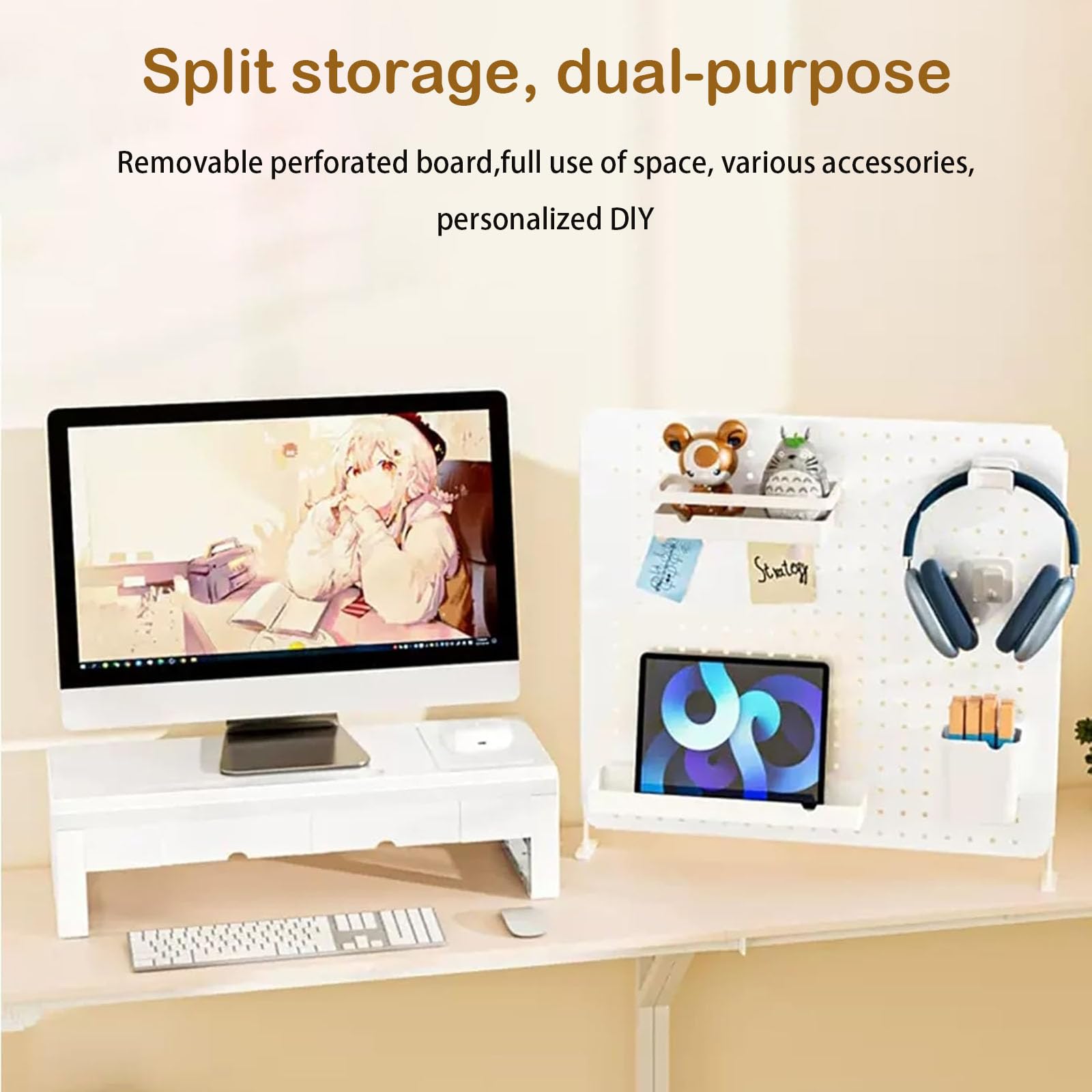 Organizador de escritorio con estantes, tablero perforado multifuncional para sala de manualidades, oficina, escuela y almacenamiento de dormitorio, fácilmente ajustable y extraíble