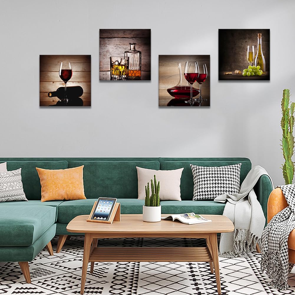 Artscope 4 parti Stampa su tela - Bicchiere da vino rosso, decorazione da parete per camera da letto, dipinti ad olio per casa, bagno, soggiorno, 30 x 30
