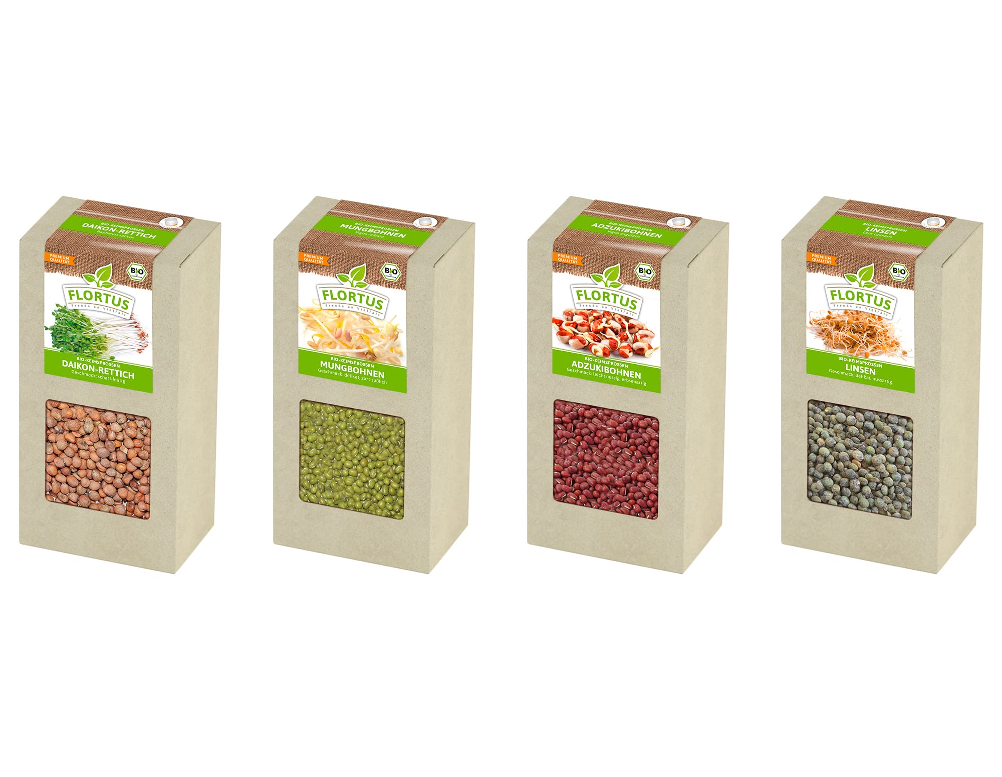 FLORTUS BIO Keimsprossen Archiv Geschenkbox - Asiatisch inkl. 4 Sprossensorten | Mungbohnen, Linsen, Adzukibohnen & Daikon Rettich | Geschenkset mit Sprossenglas | Keimsprossenbox Holzbox mit Deckel