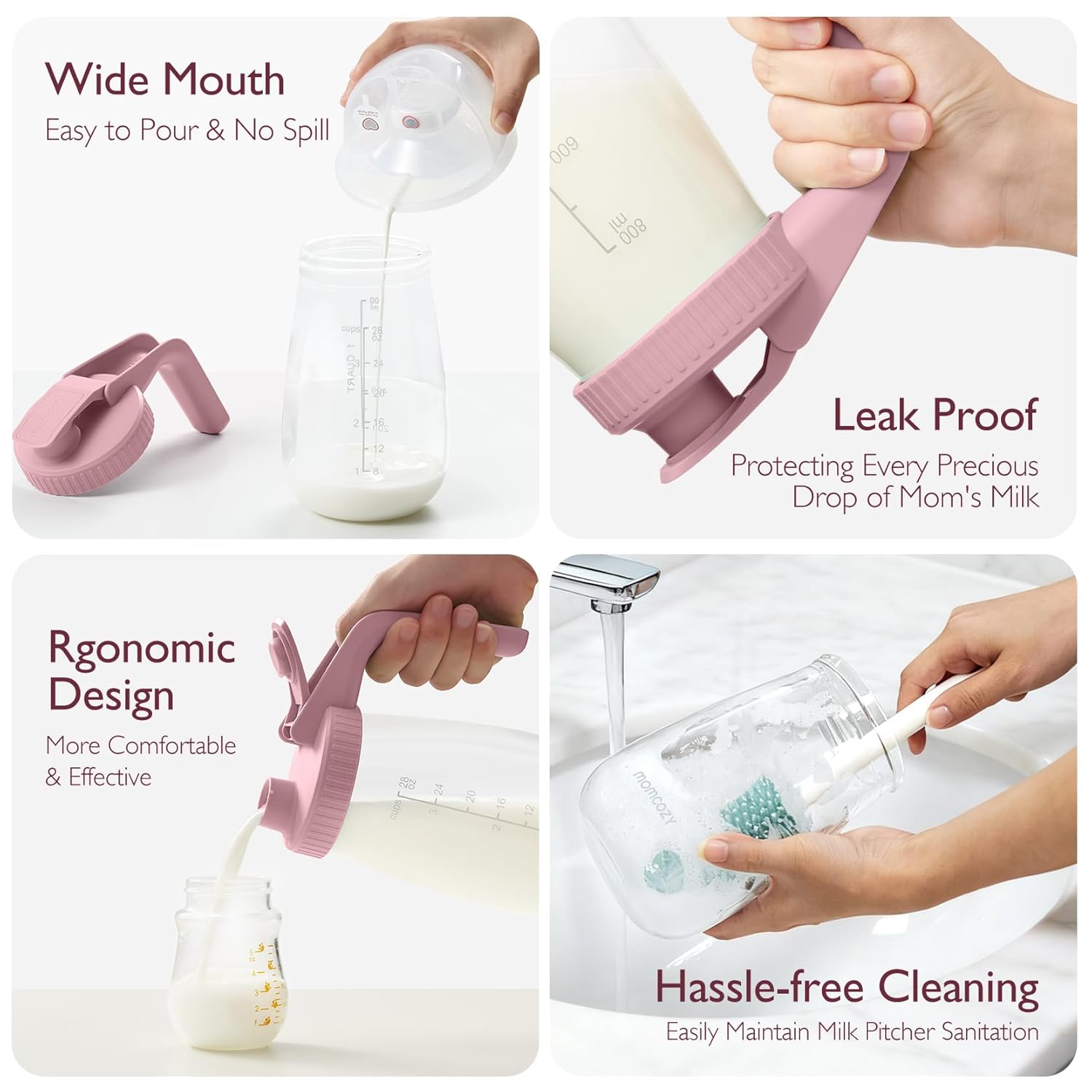 Momcozy Breast Milk Pitcher, Resistant to Heat and Cold Abrupt Temp Swings, No Leak Breast Milk Fridge Storage Container With Wide Mouth, Fast Baby Formula Maker, Breastfeeding Essentials, Pink - Image 5